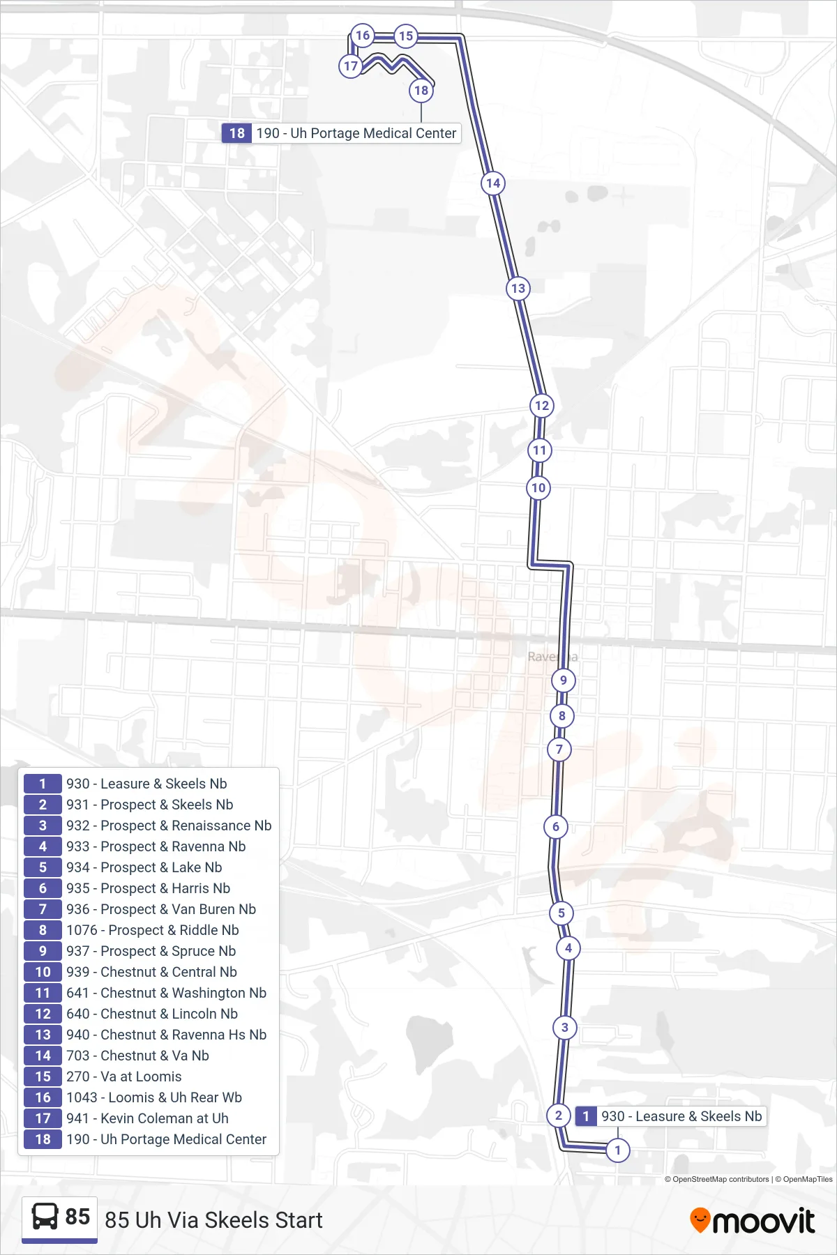 85 bus Line (85 Uh Via Skeels Start) route and stops on a map