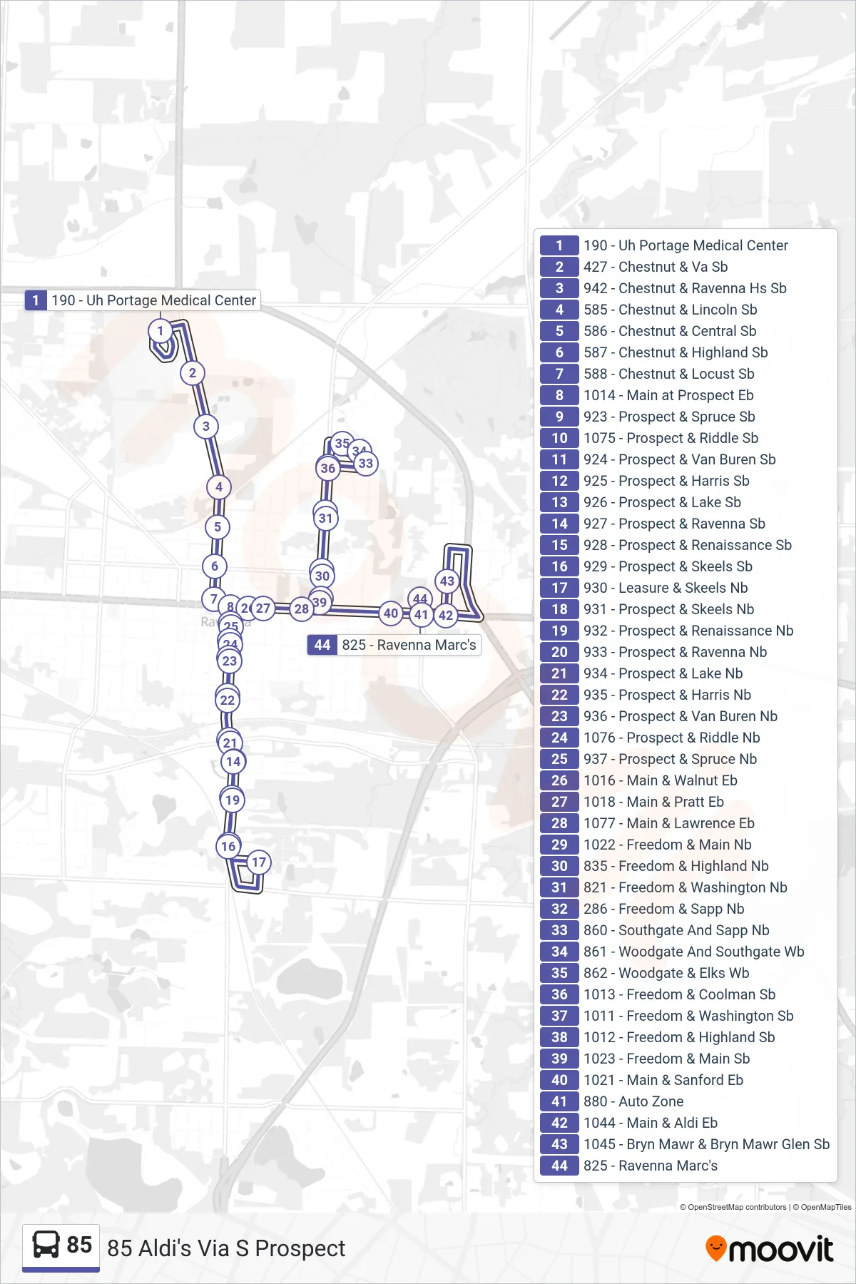 85 bus Line (85 Aldi's Via S Prospect) route and stops on a map