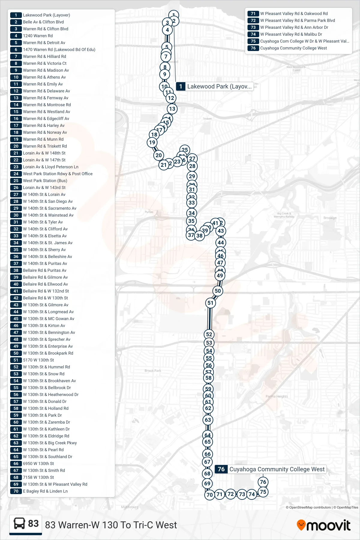 83 bus Line (83 Warren-W 130 To Tri-C West) route and stops on a map