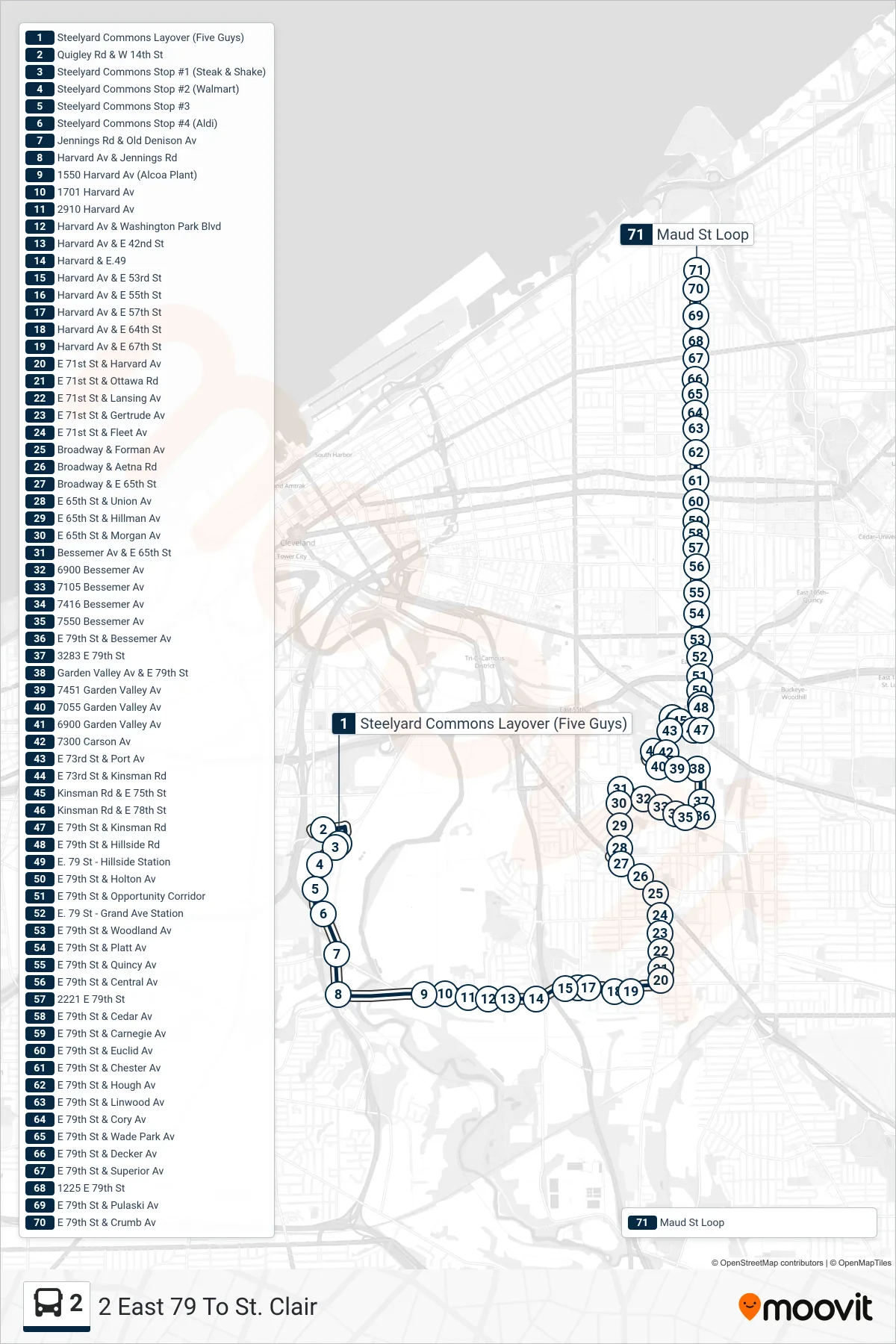 2 bus Line (2 East 79 To St. Clair) route and stops on a map