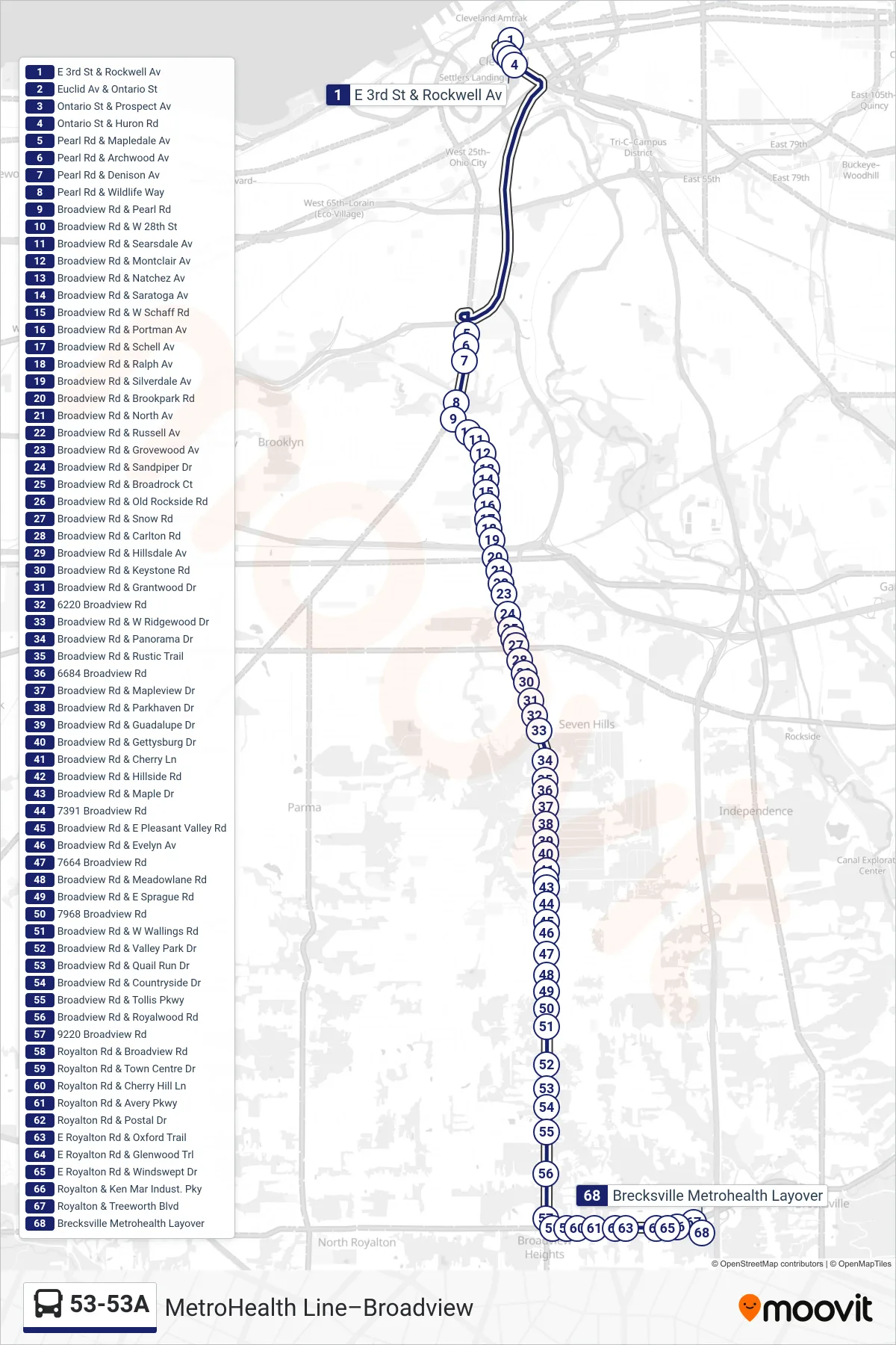 53-53A bus Line (53 Broadview To Broadview Hts) route and stops on a map