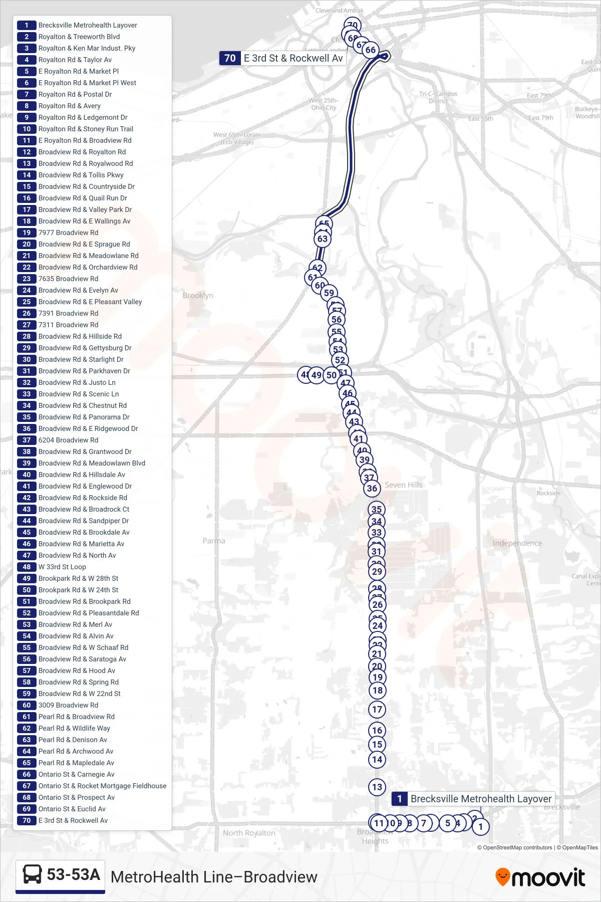 53-53A bus Line (53 Broadview To Downtown) route and stops on a map