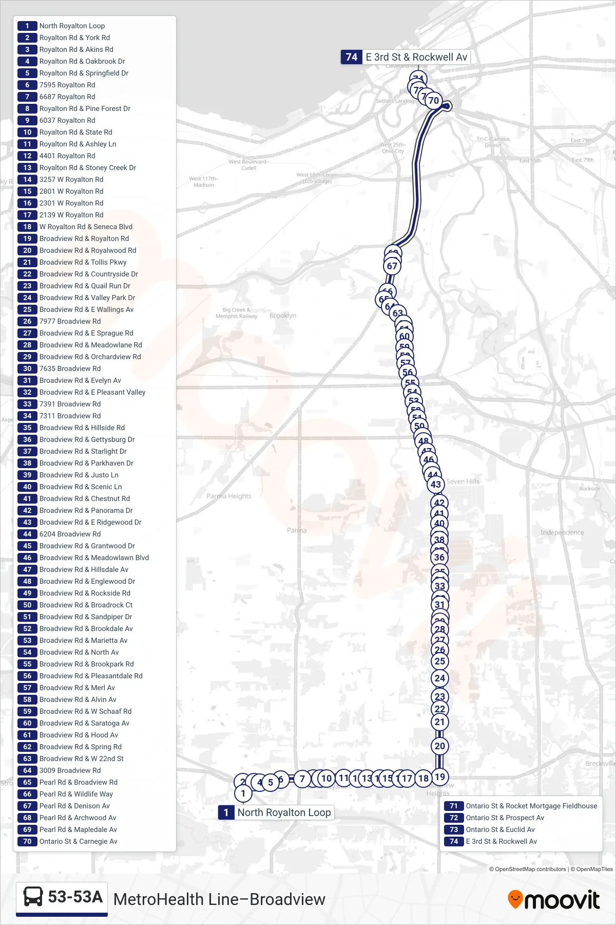 53-53A bus Line (53a Broadview To Downtown) route and stops on a map