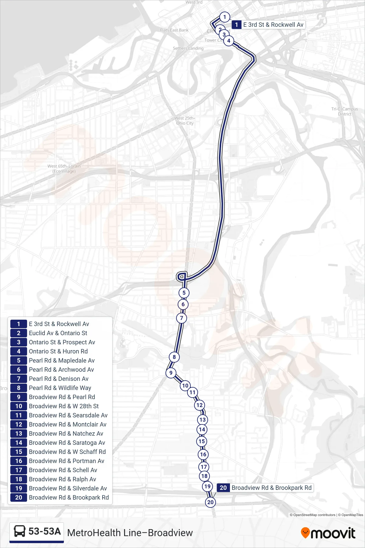 53-53A bus Line (53 Broadview To Brookpark) route and stops on a map