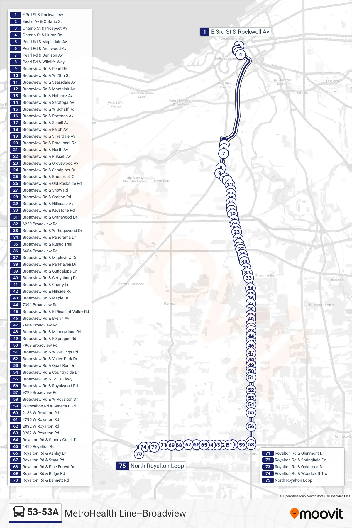 53-53A bus Line (53a Broadview To N. Royalton) route and stops on a map