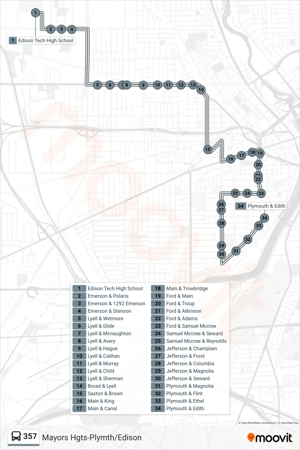 357 bus Line (357 Edison Tech Hs To Mayors Heights-Plymouth) route and stops on a map