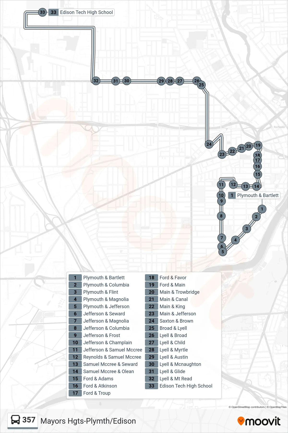 357 bus Line (357 Mayors Heights-Plymouth To Edison Tech Hs) route and stops on a map