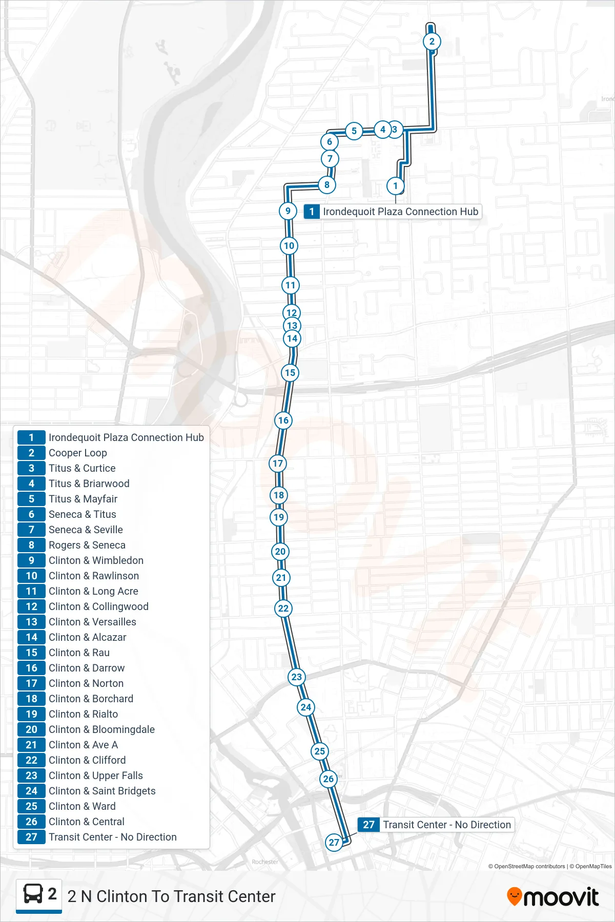 2 bus Line (2 N Clinton To Transit Center) route and stops on a map