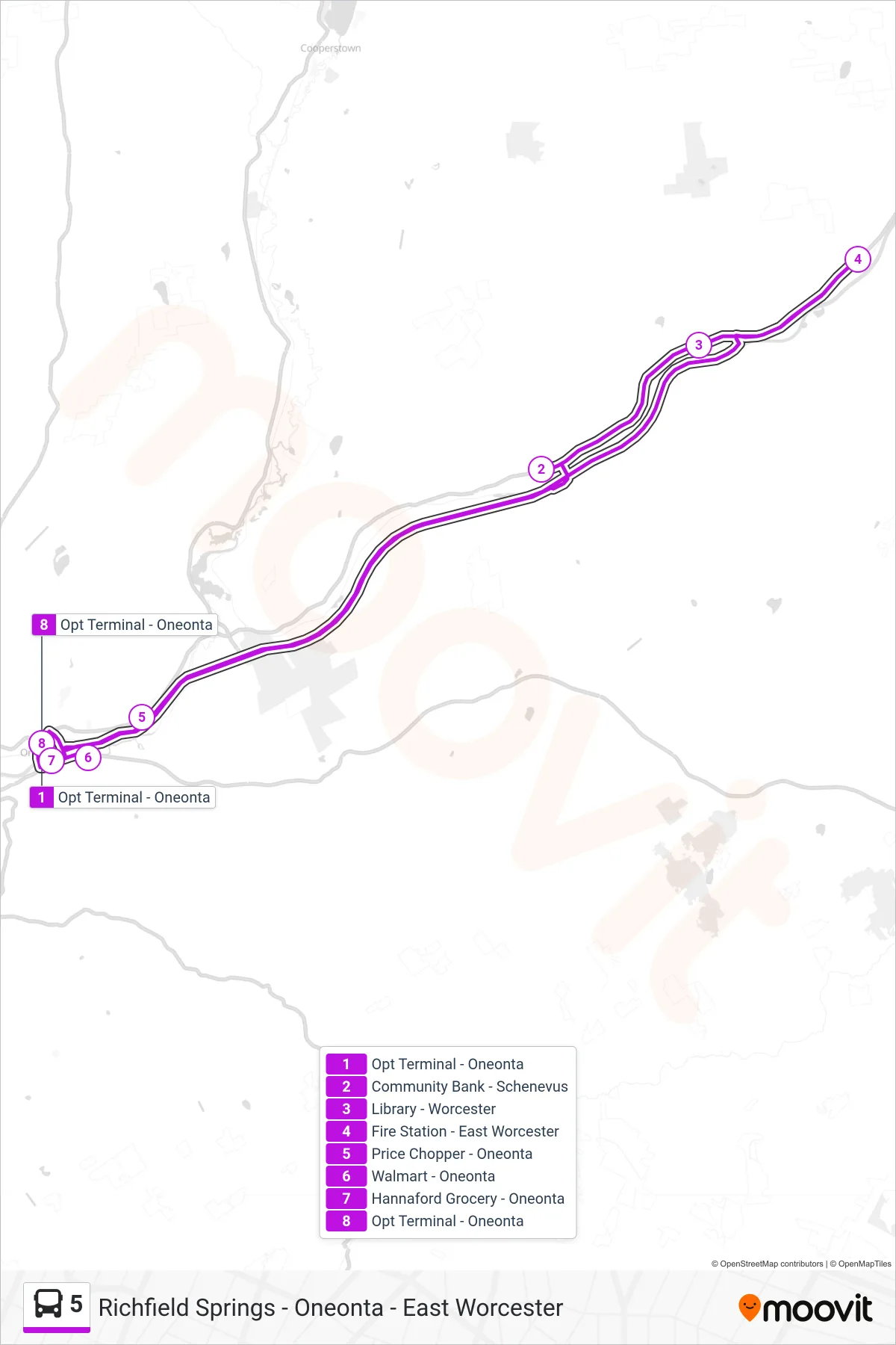 5 bus Line (Oneonta) route and stops on a map