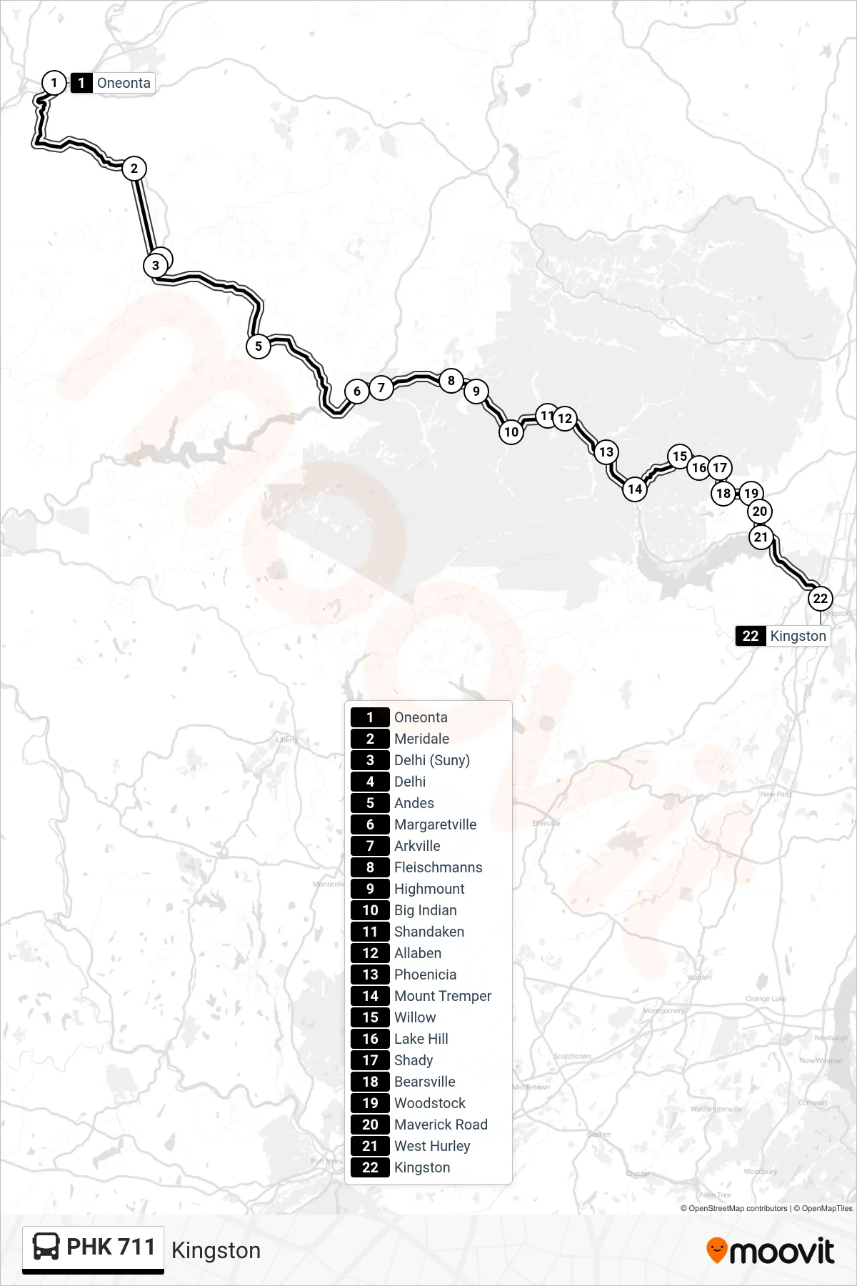 PHK 711 bus Line (Kingston) route and stops on a map
