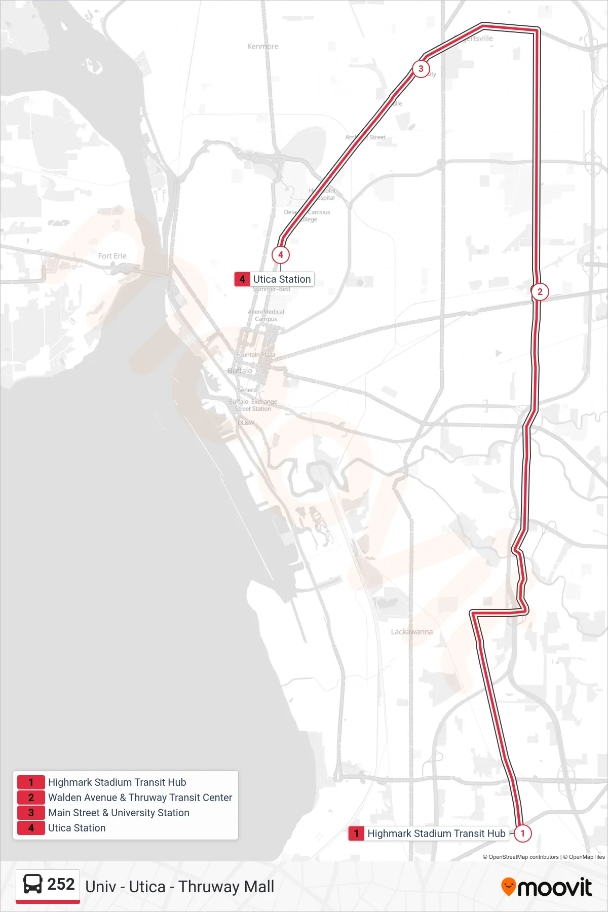 252 bus Line (Univ - Utica - Thruway Mall) route and stops on a map