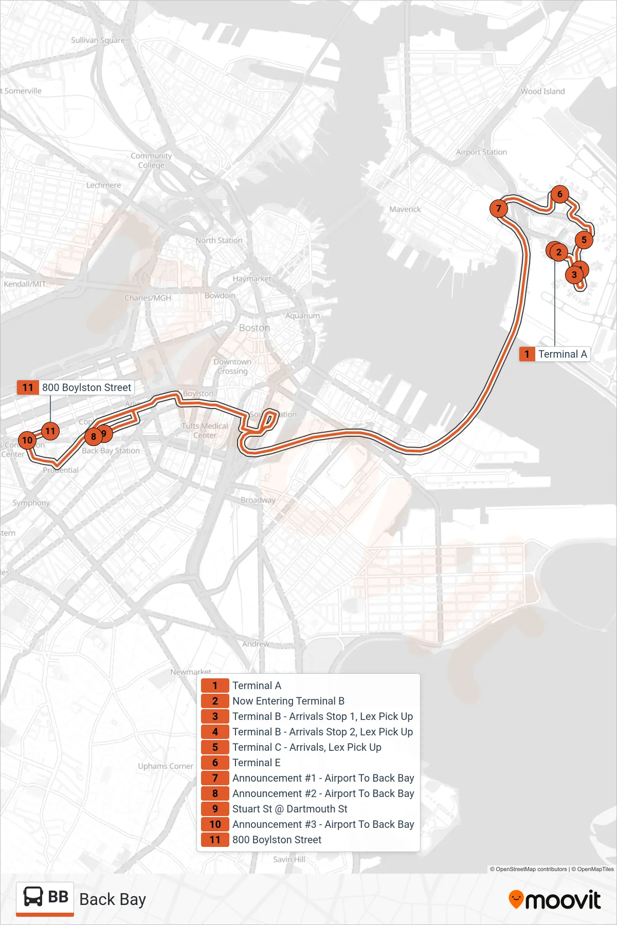 BB bus Line (Back Bay) route and stops on a map