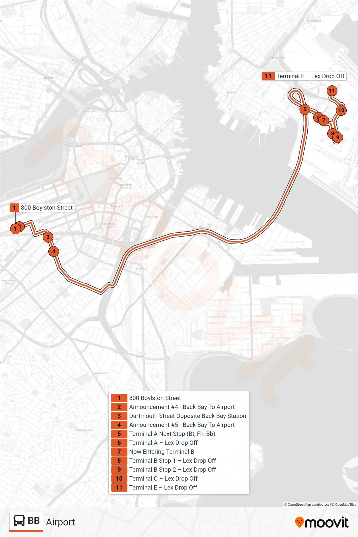 BB bus Line (Airport) route and stops on a map