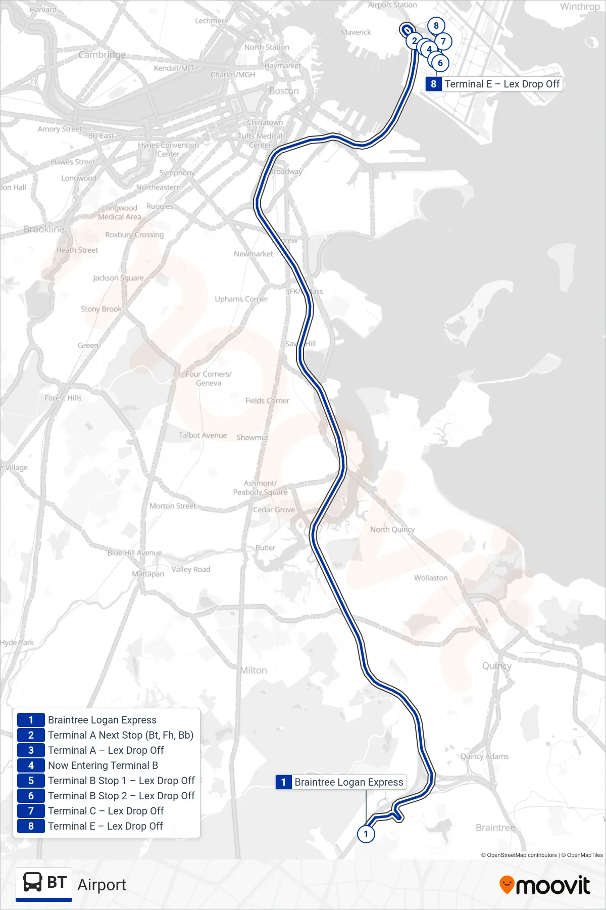 BT bus Line (Airport) route and stops on a map