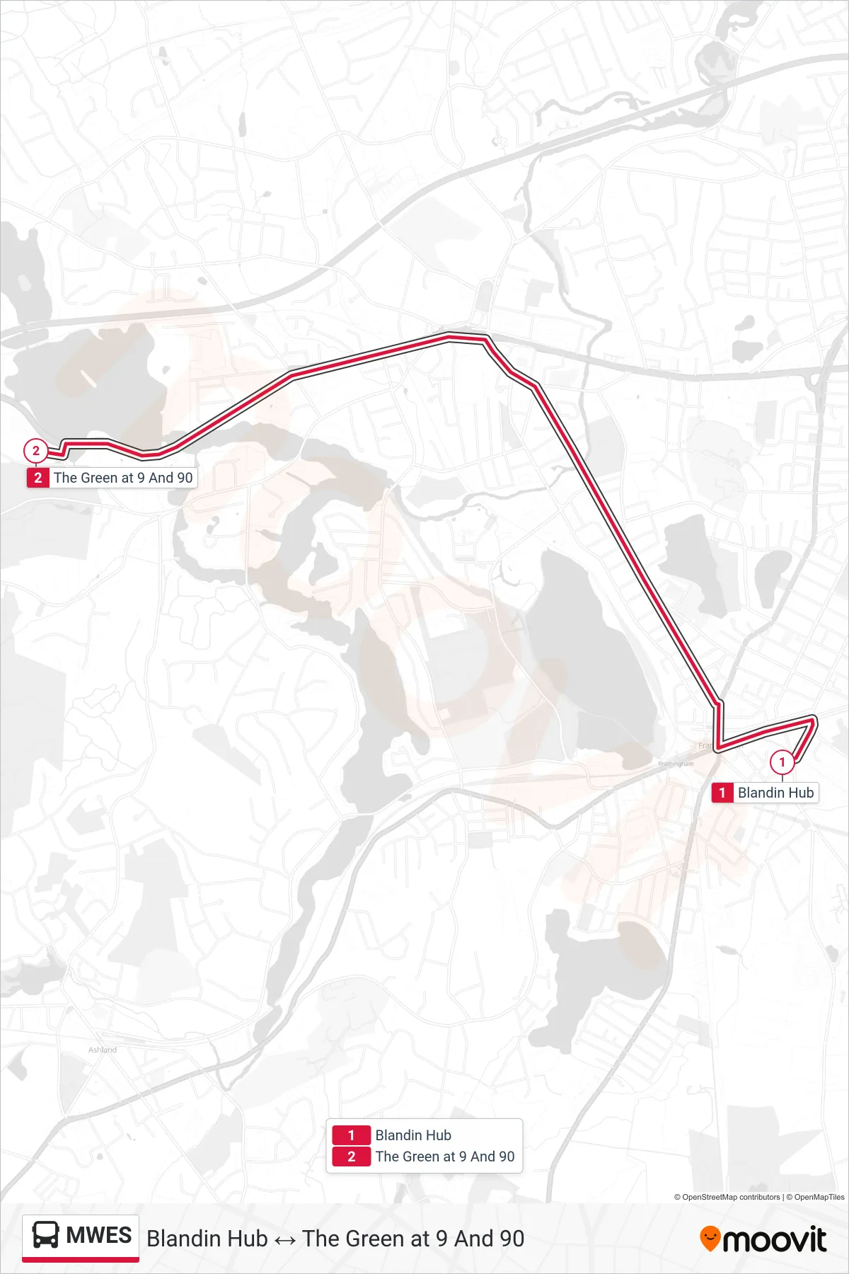 MWES bus Line (Blandin Hub→The Green at 9 And 90) route and stops on a map