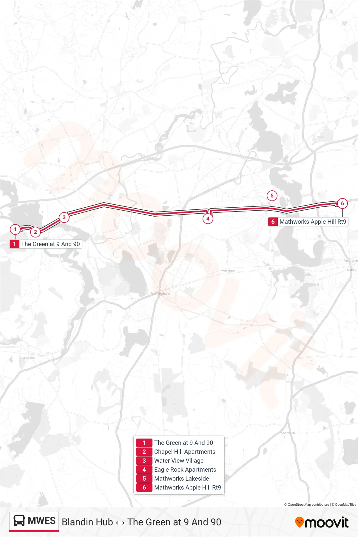 MWES bus Line (The Green at 9 And 90→Mathworks Apple Hill Rt9) route and stops on a map