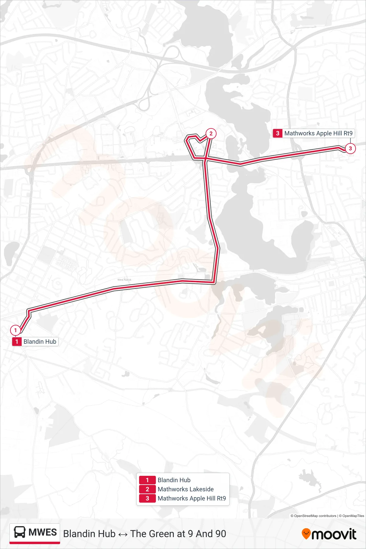 MWES bus Line (Blandin Hub‎→Mathworks Apple Hill Rt9) route and stops on a map