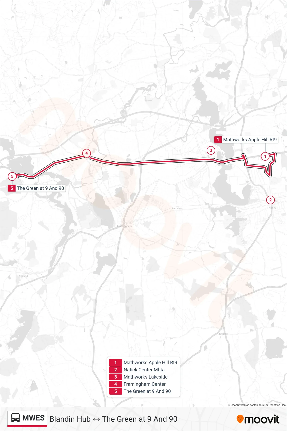MWES bus Line (Mathworks Apple Hill Rt9‎→The Green at 9 And 90) route and stops on a map