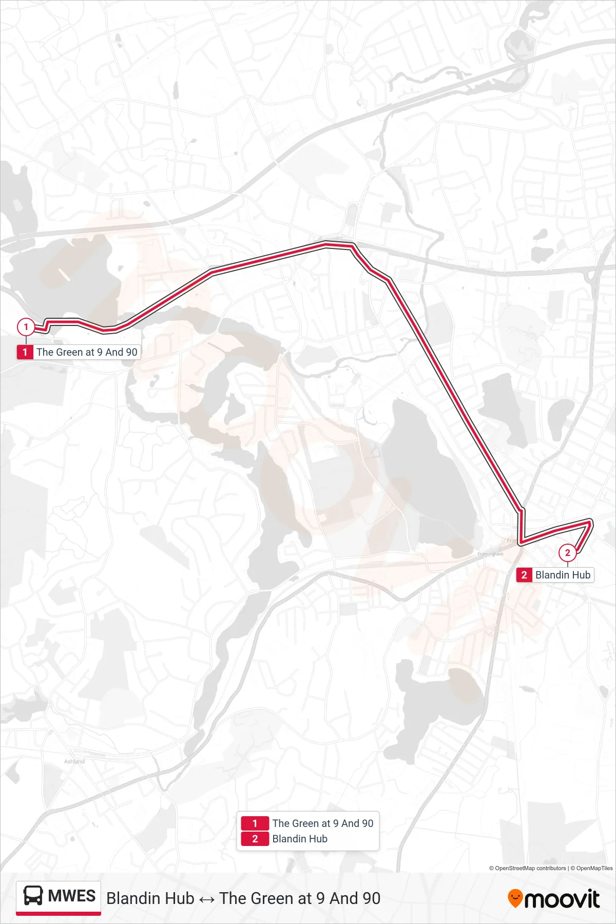 MWES bus Line (The Green at 9 And 90→Blandin Hub) route and stops on a map