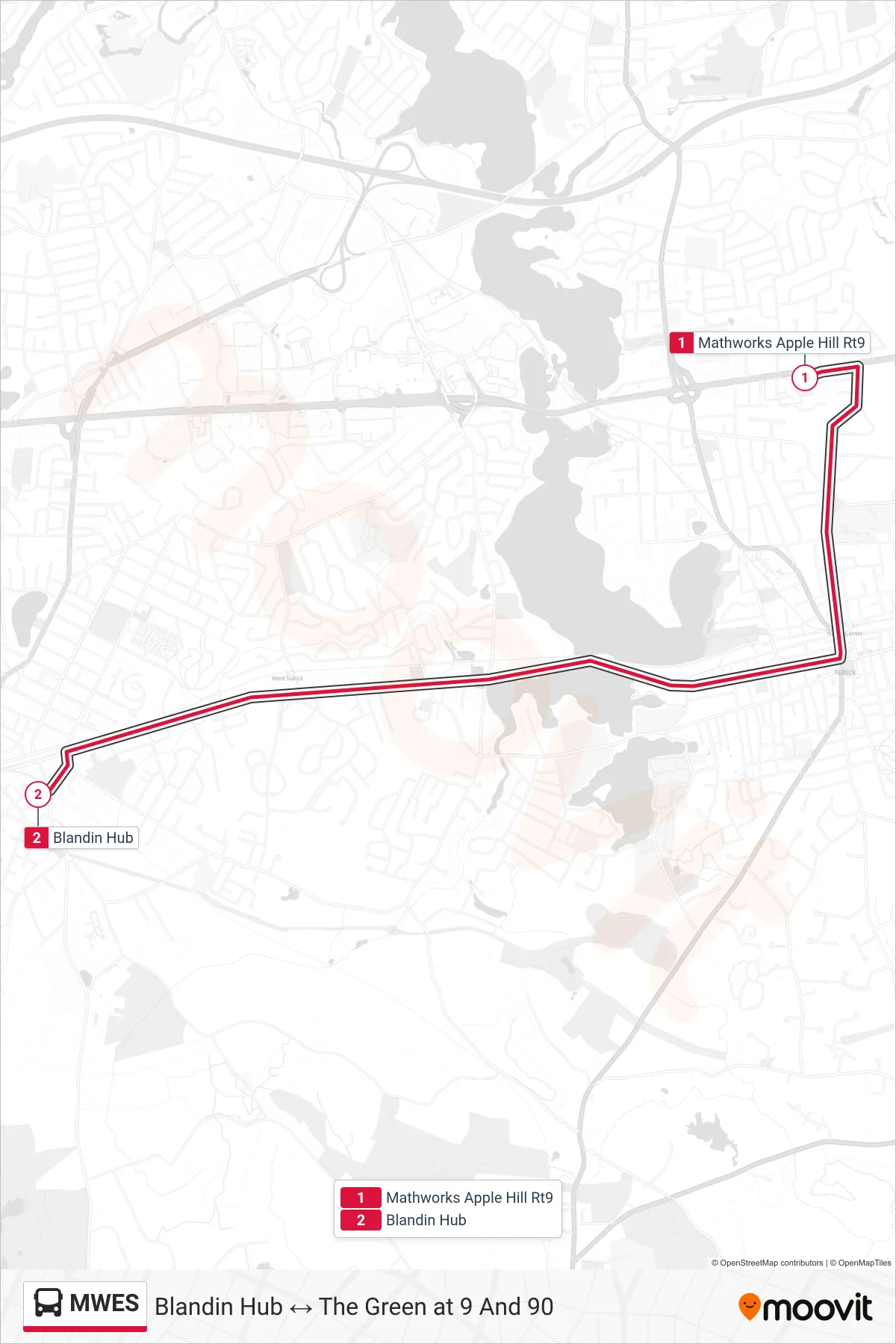 MWES bus Line (Mathworks Apple Hill Rt9‎→Blandin Hub) route and stops on a map
