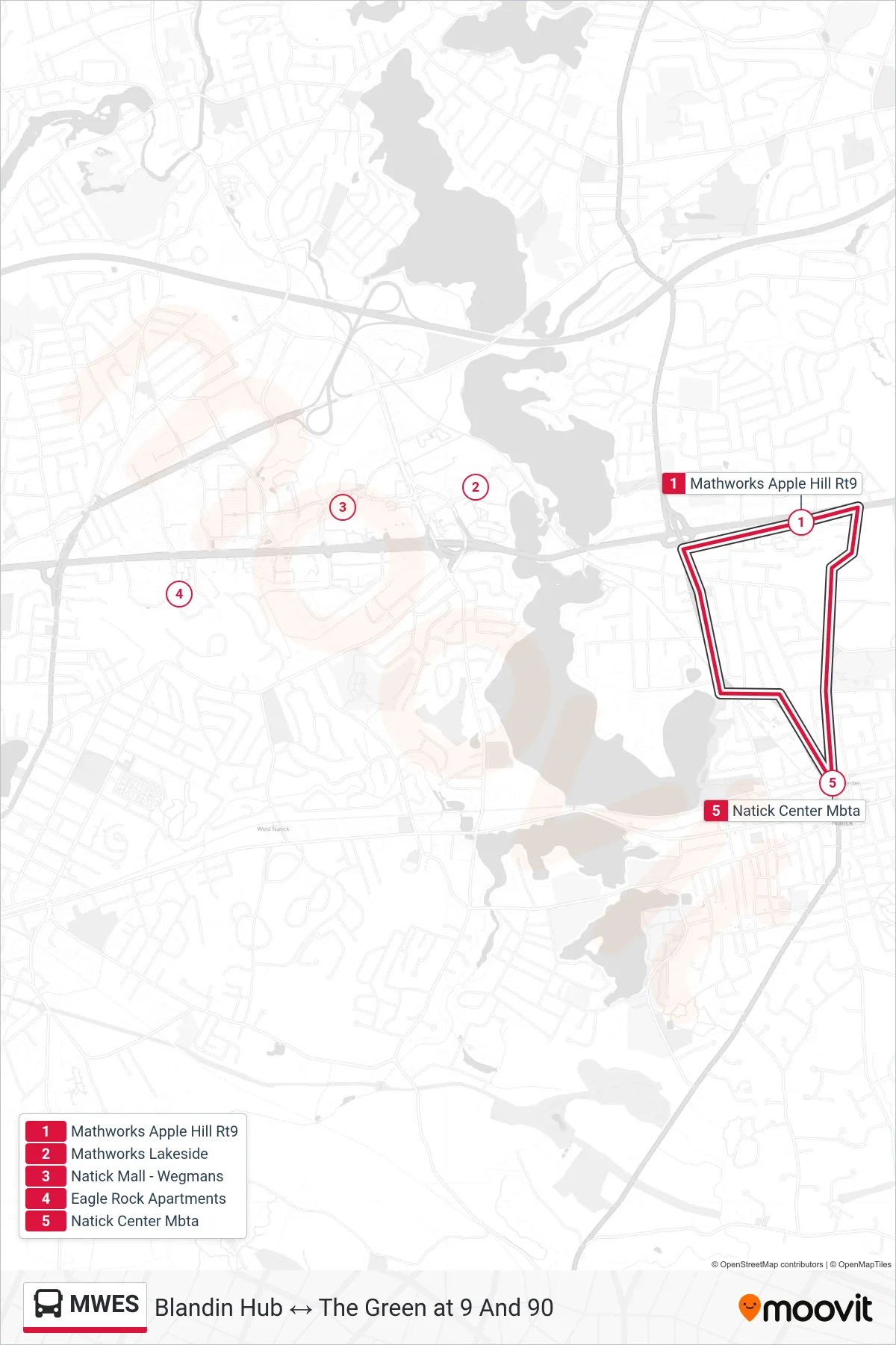 MWES bus Line (Mathworks Apple Hill Rt9‎→Mathworks Apple Hill Rt9) route and stops on a map