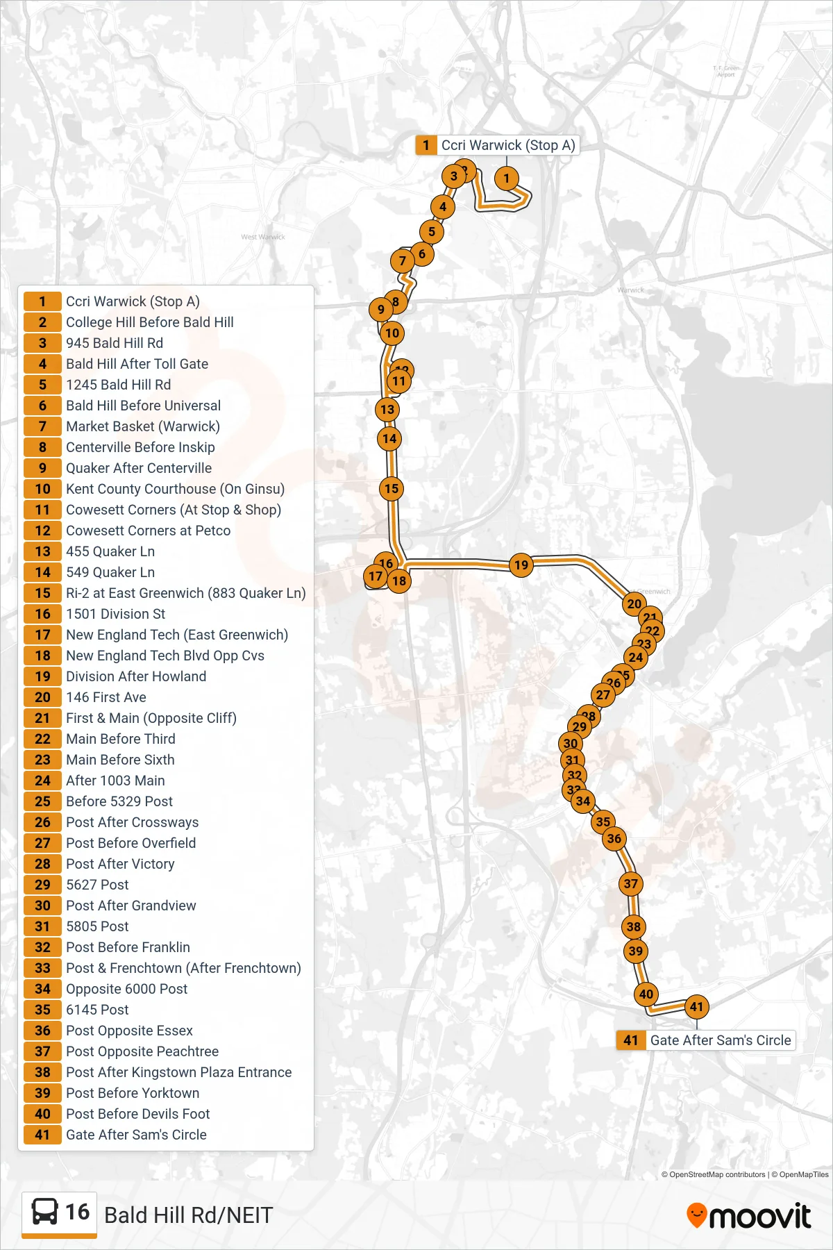 16 bus Line (Quonset) route and stops on a map