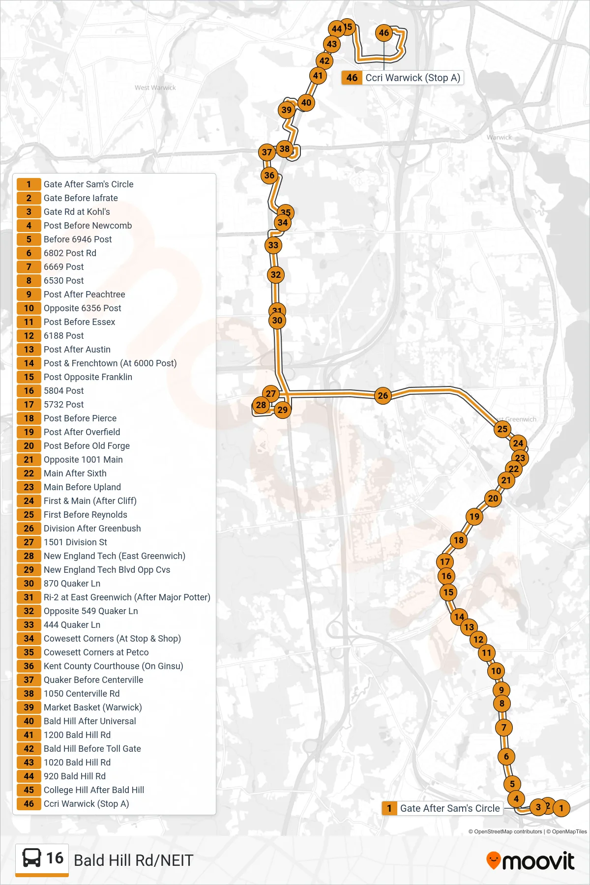 16 bus Line (Ccri Warwick) route and stops on a map