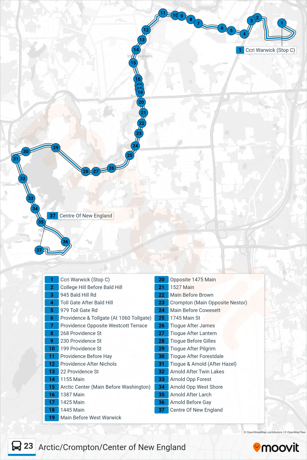 23 bus Line (Centre Of New England) route and stops on a map
