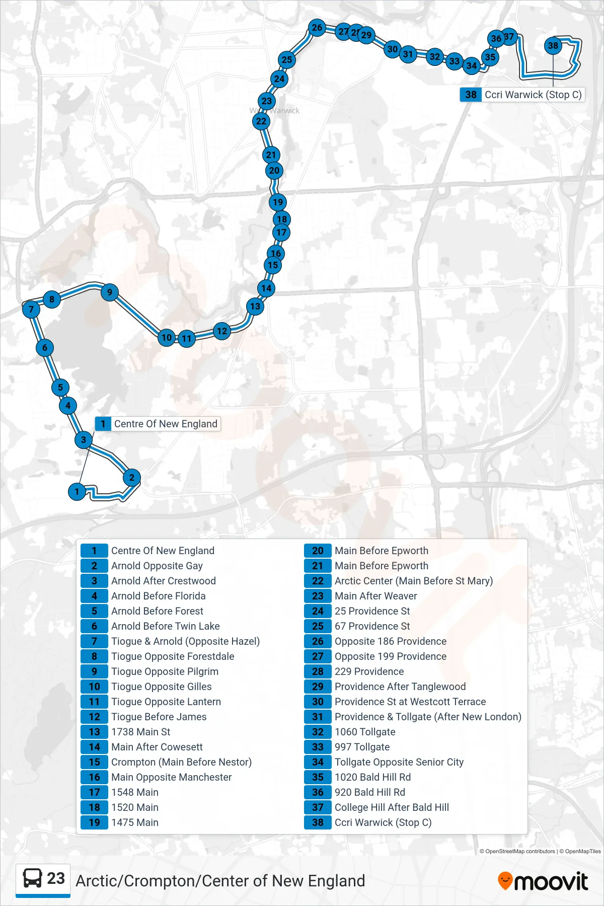 23 bus Line (Ccri Warwick) route and stops on a map