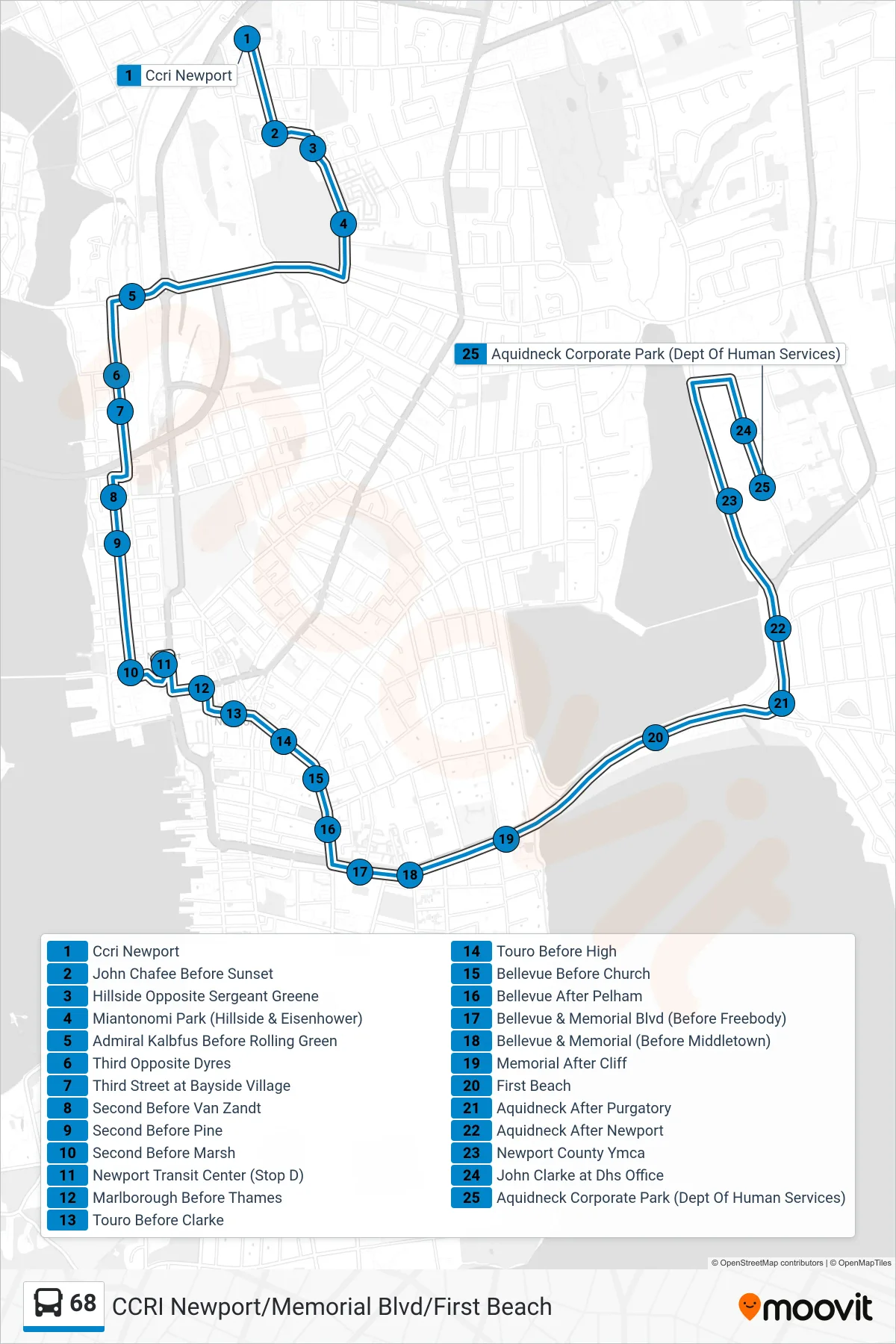 68 bus Line (Aquidneck Corporate Park) route and stops on a map