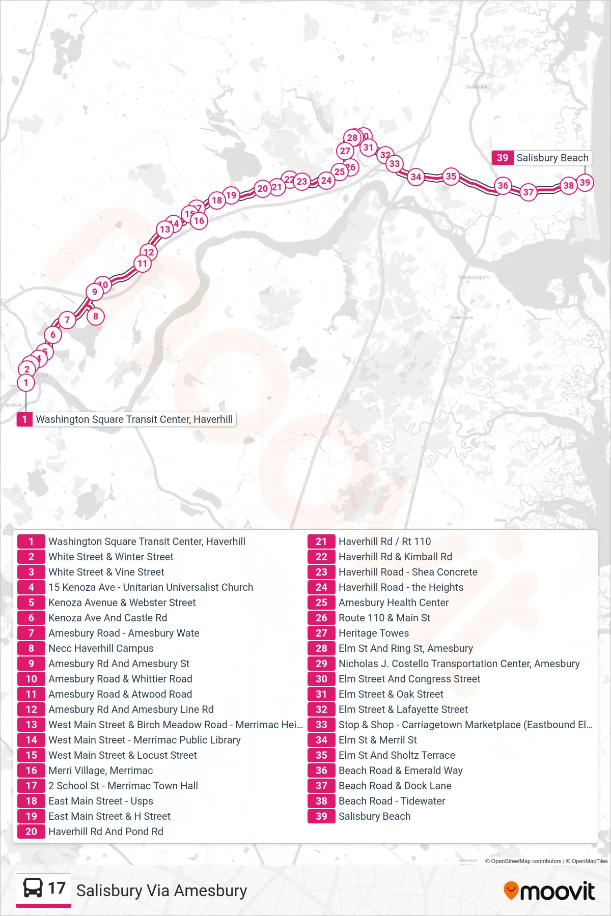 17 bus Line (Salisbury Via Amesbury) route and stops on a map