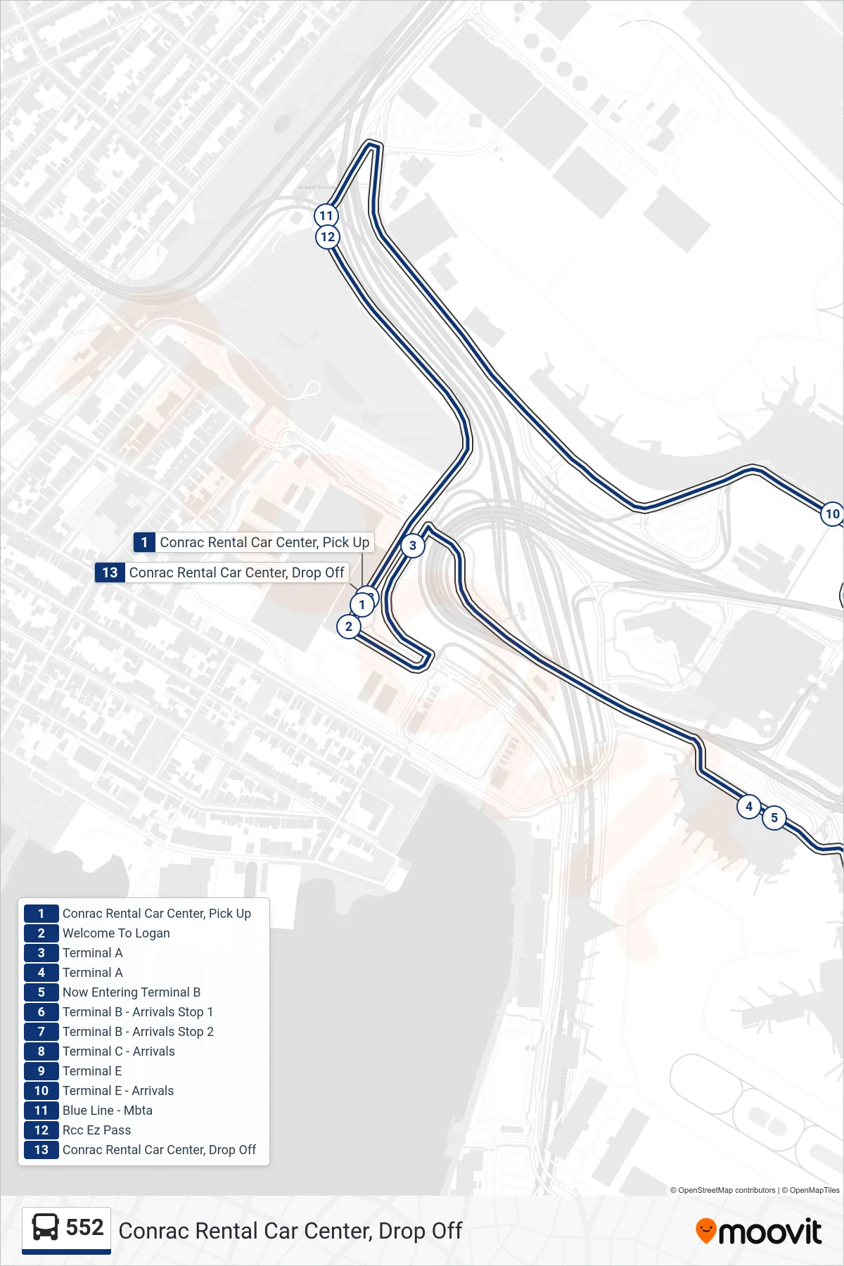 552 bus Line (Conrac Rental Car Center, Drop Off) route and stops on a map