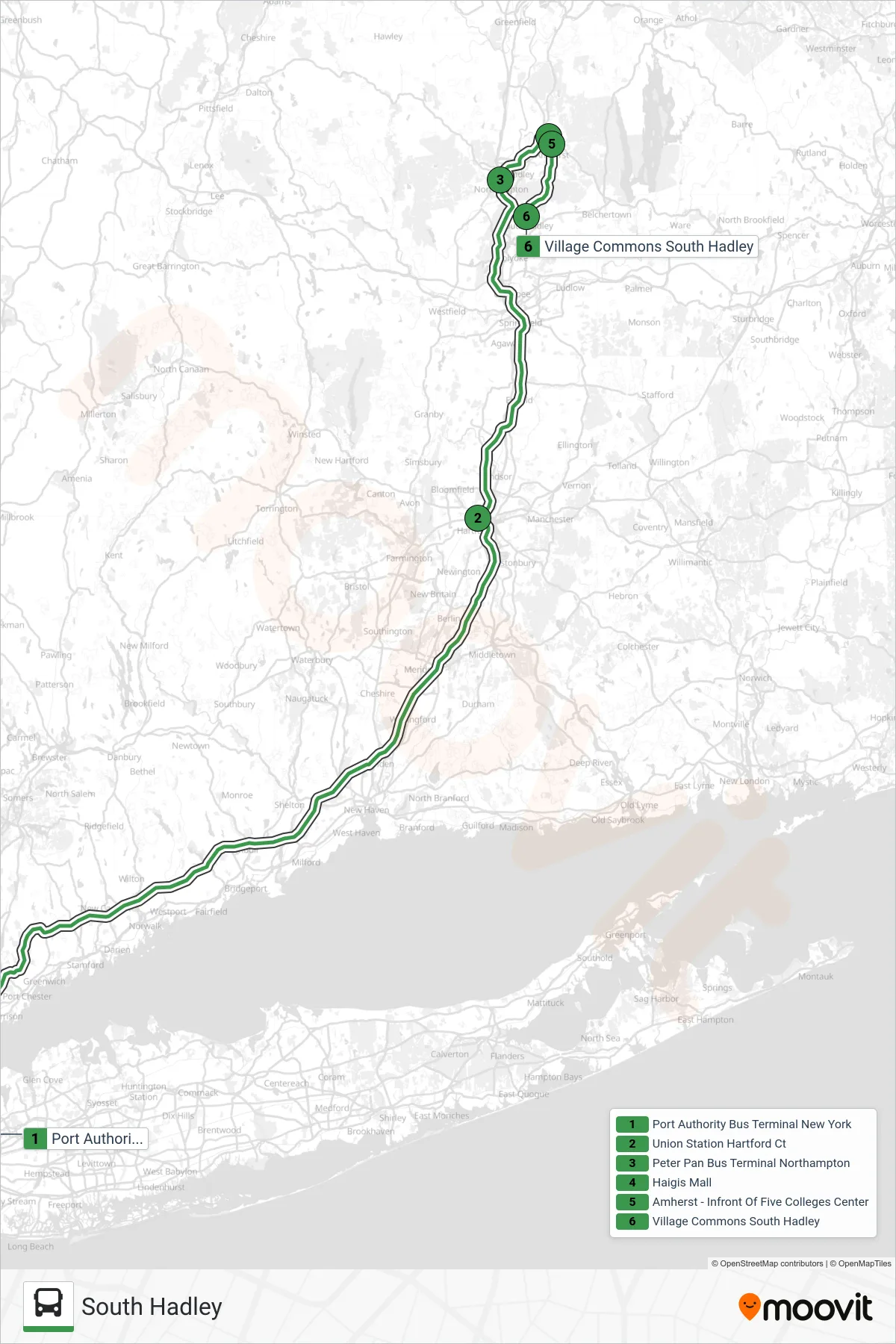 PETER PAN bus Line (South Hadley) route and stops on a map