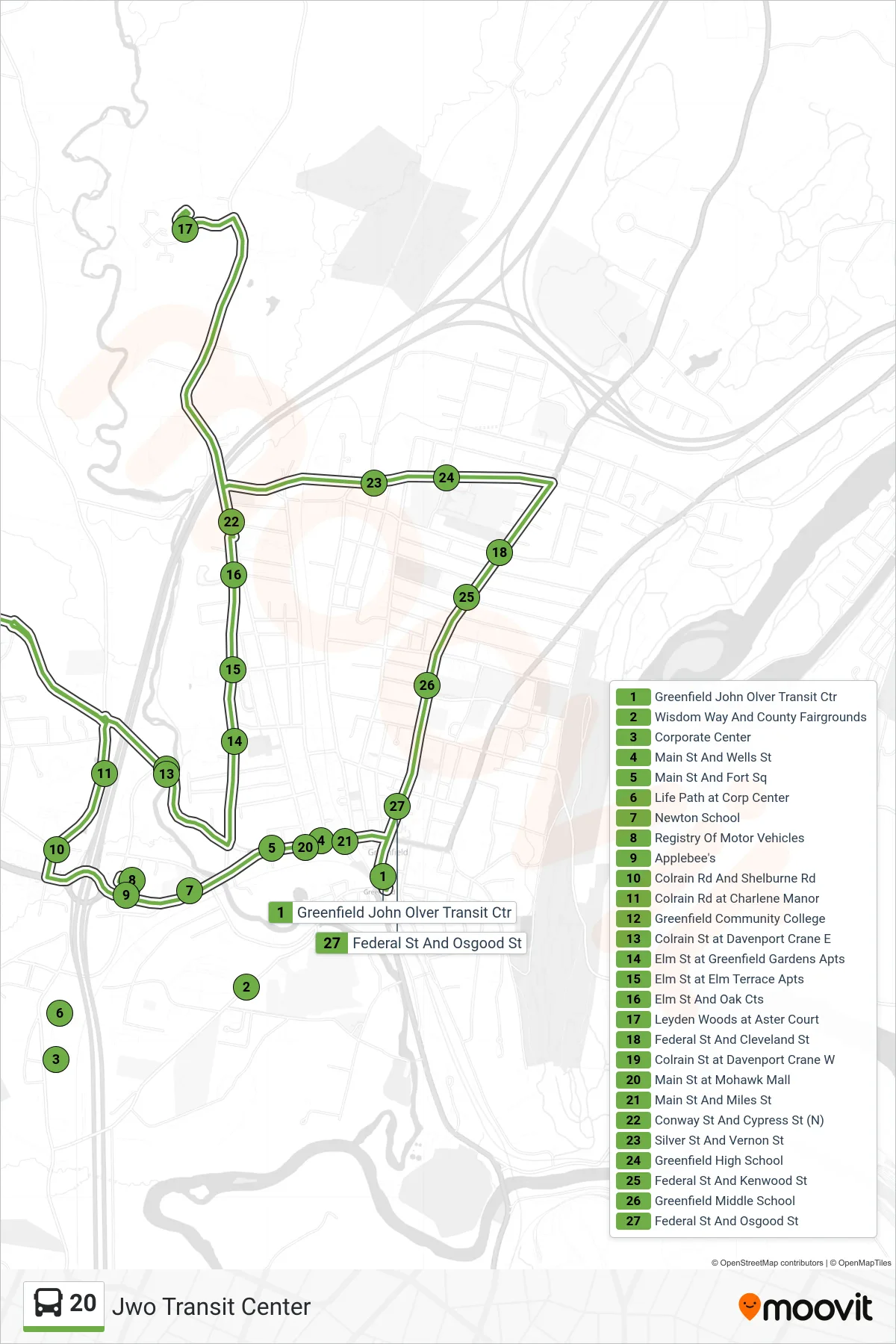 20 bus Line (Jwo Transit Center) route and stops on a map
