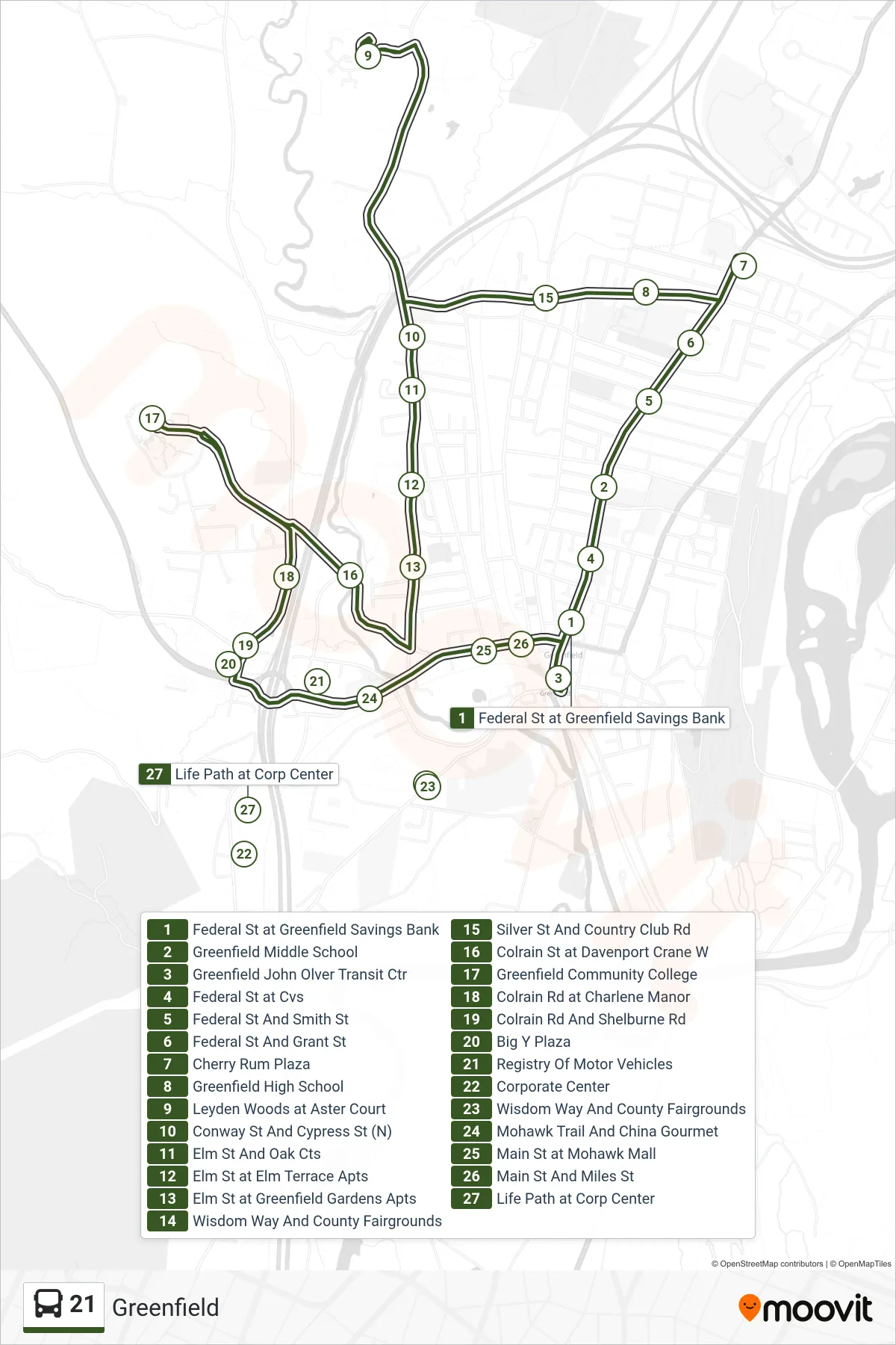 21 bus Line (Jwo Transit Center) route and stops on a map