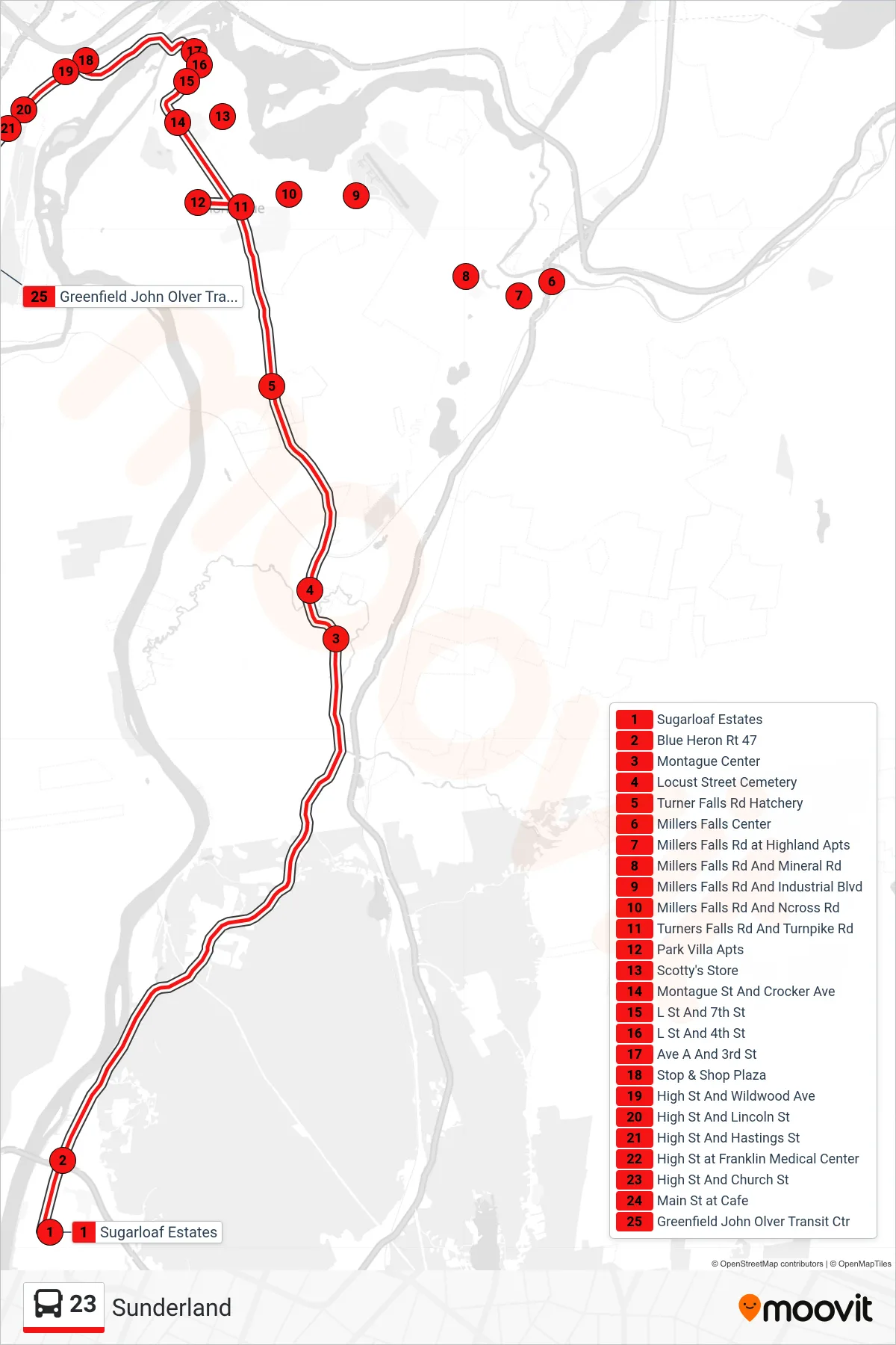 23 bus Line (Jwo Transit Center) route and stops on a map
