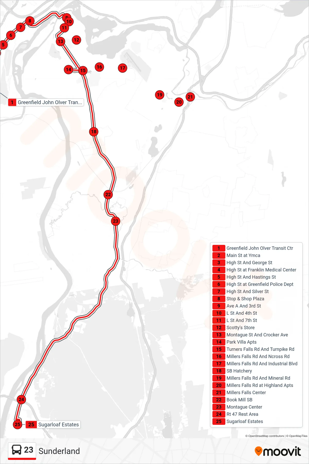 23 bus Line (Sugarloaf Estates) route and stops on a map