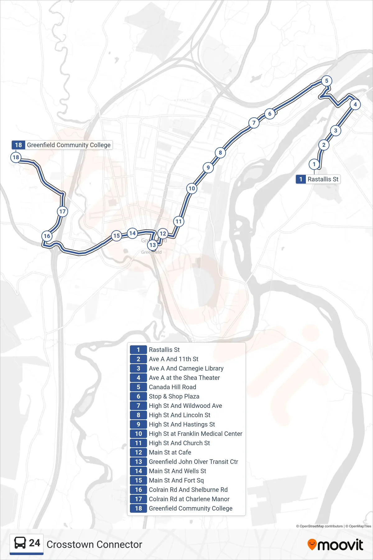 24 bus Line (Greenfield Community College) route and stops on a map