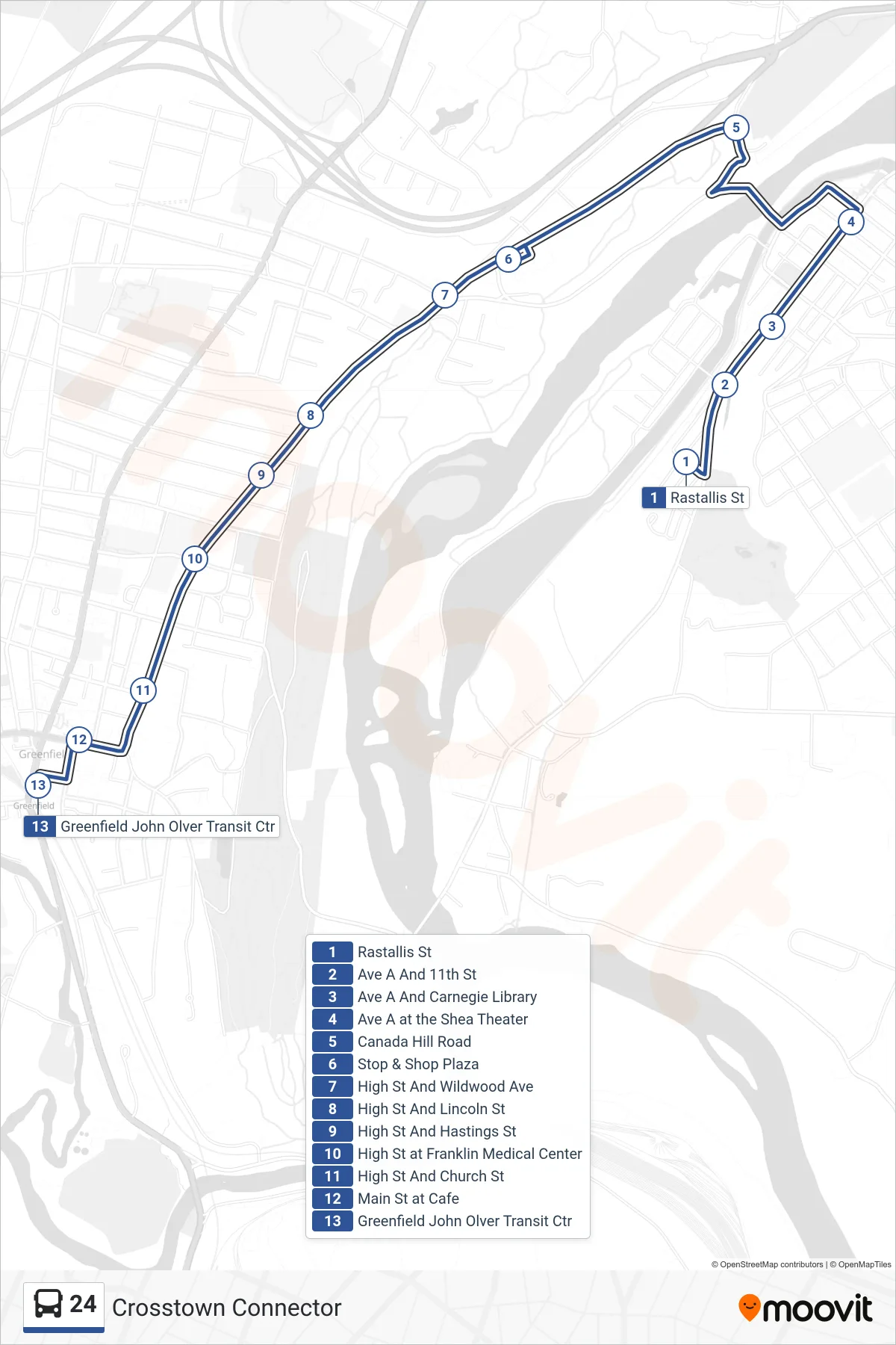 24 bus Line (Jwo Transit Center) route and stops on a map