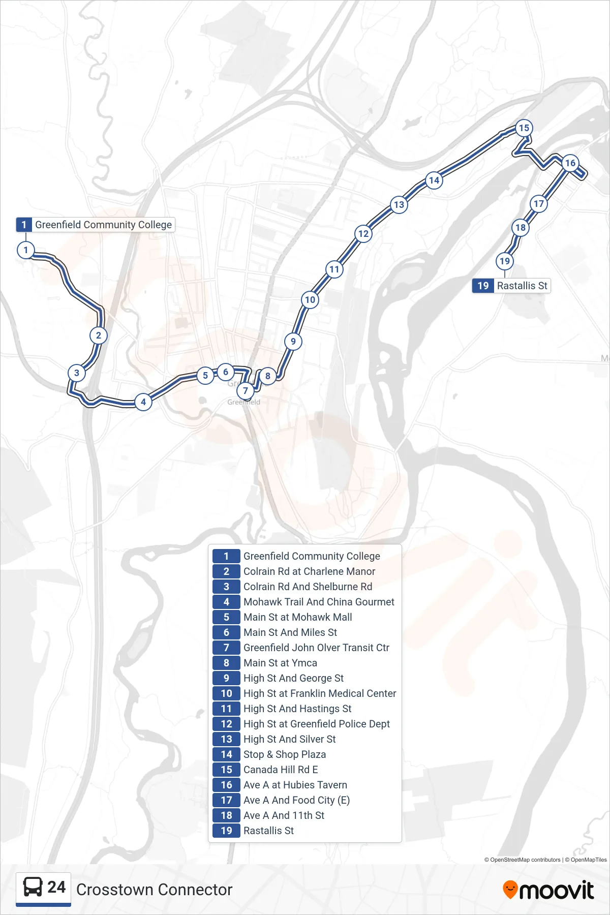 24 bus Line (Montague) route and stops on a map