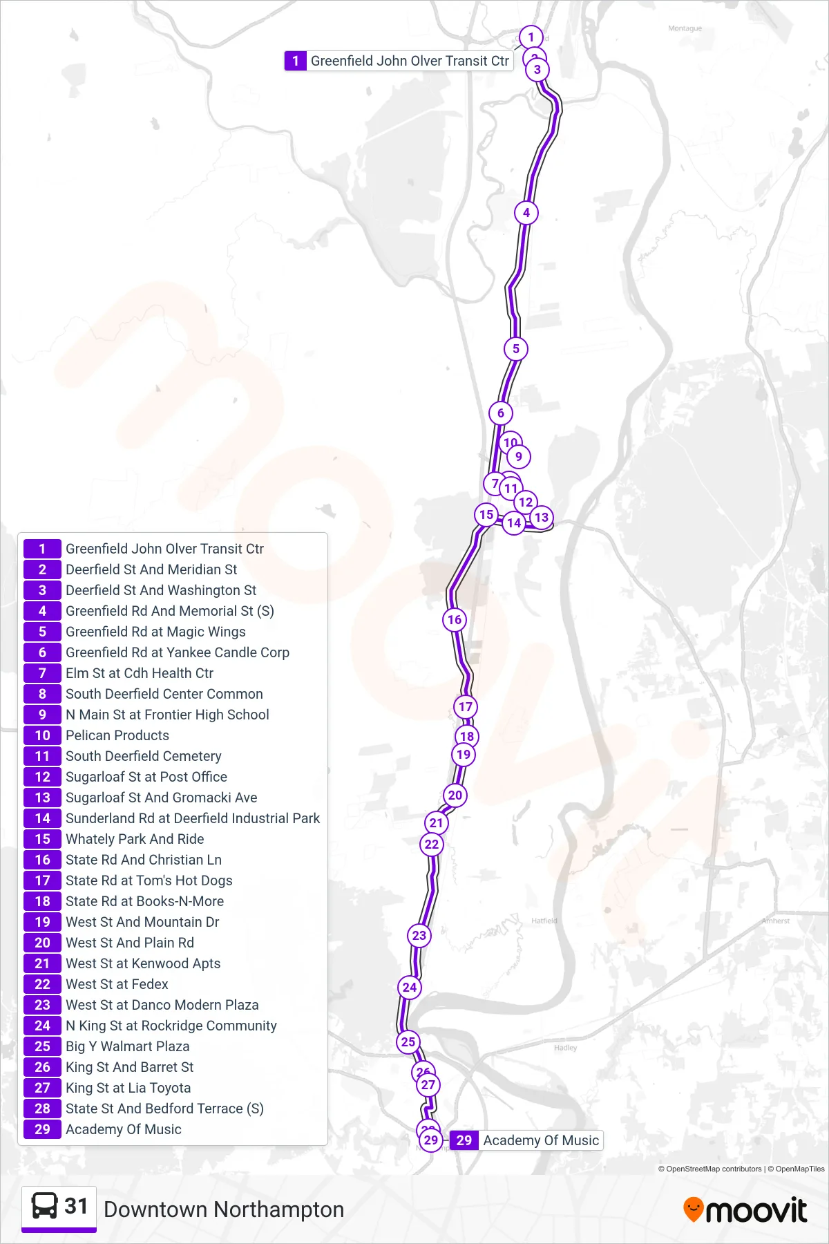 31 bus Line (Downtown Northampton) route and stops on a map