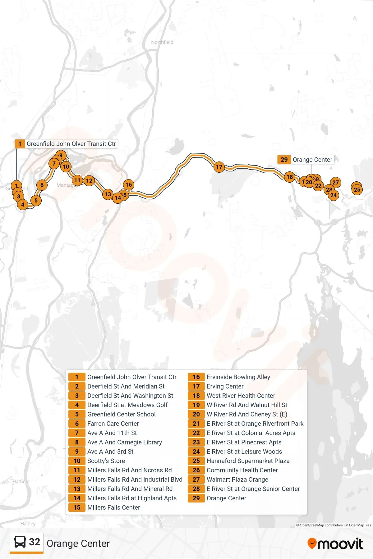 32 bus Line (Orange Center) route and stops on a map