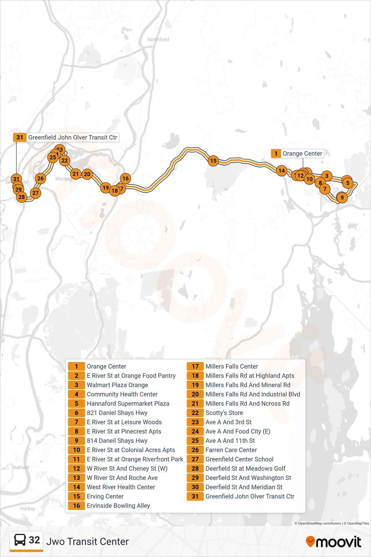 32 bus Line (Jwo Transit Center) route and stops on a map