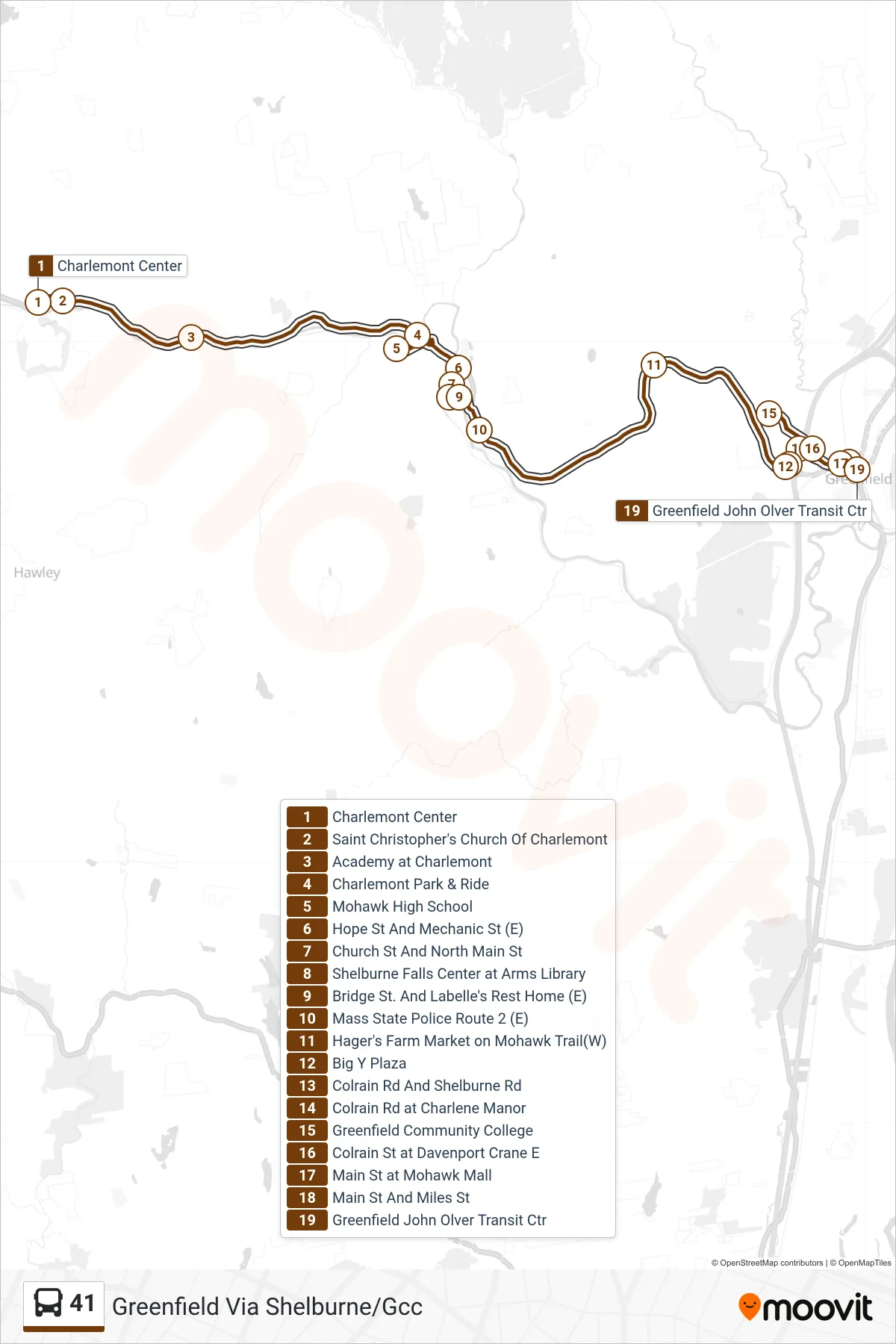 41 bus Line (Greenfield Via Shelburne/Gcc) route and stops on a map
