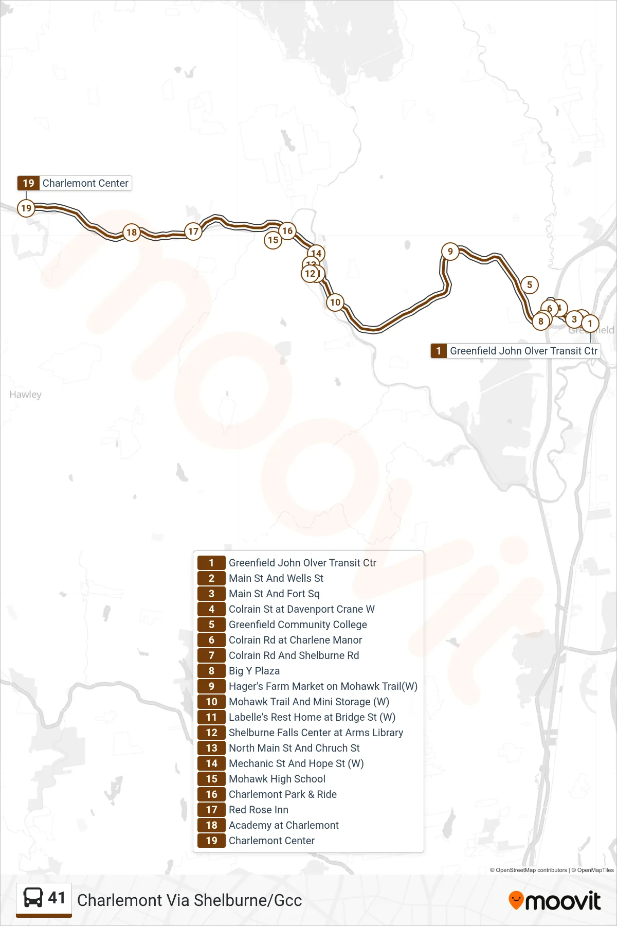 41 bus Line (Charlemont Via Shelburne/Gcc) route and stops on a map