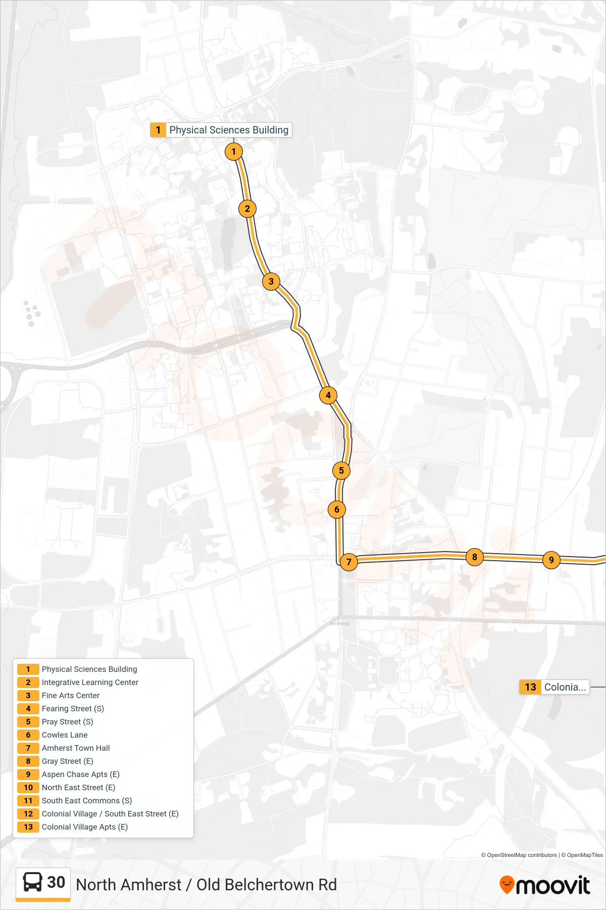 30 bus Line (Colonial Village) route and stops on a map