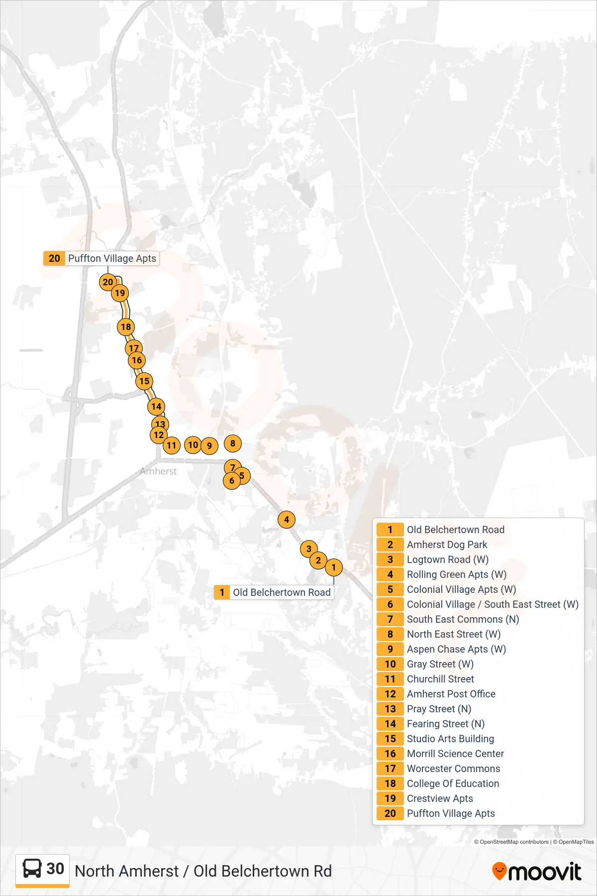 30 bus Line (North Amherst) route and stops on a map