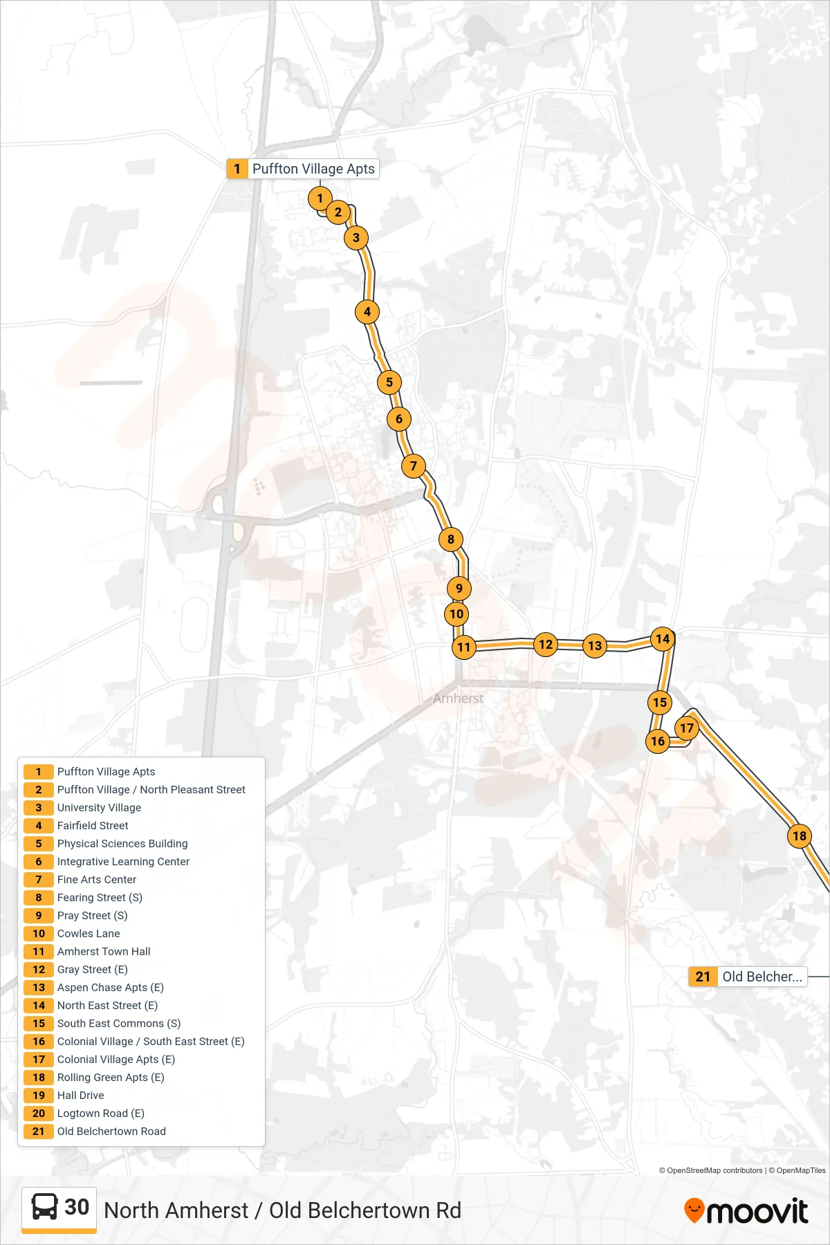 30 bus Line (Old Belchertown Road) route and stops on a map