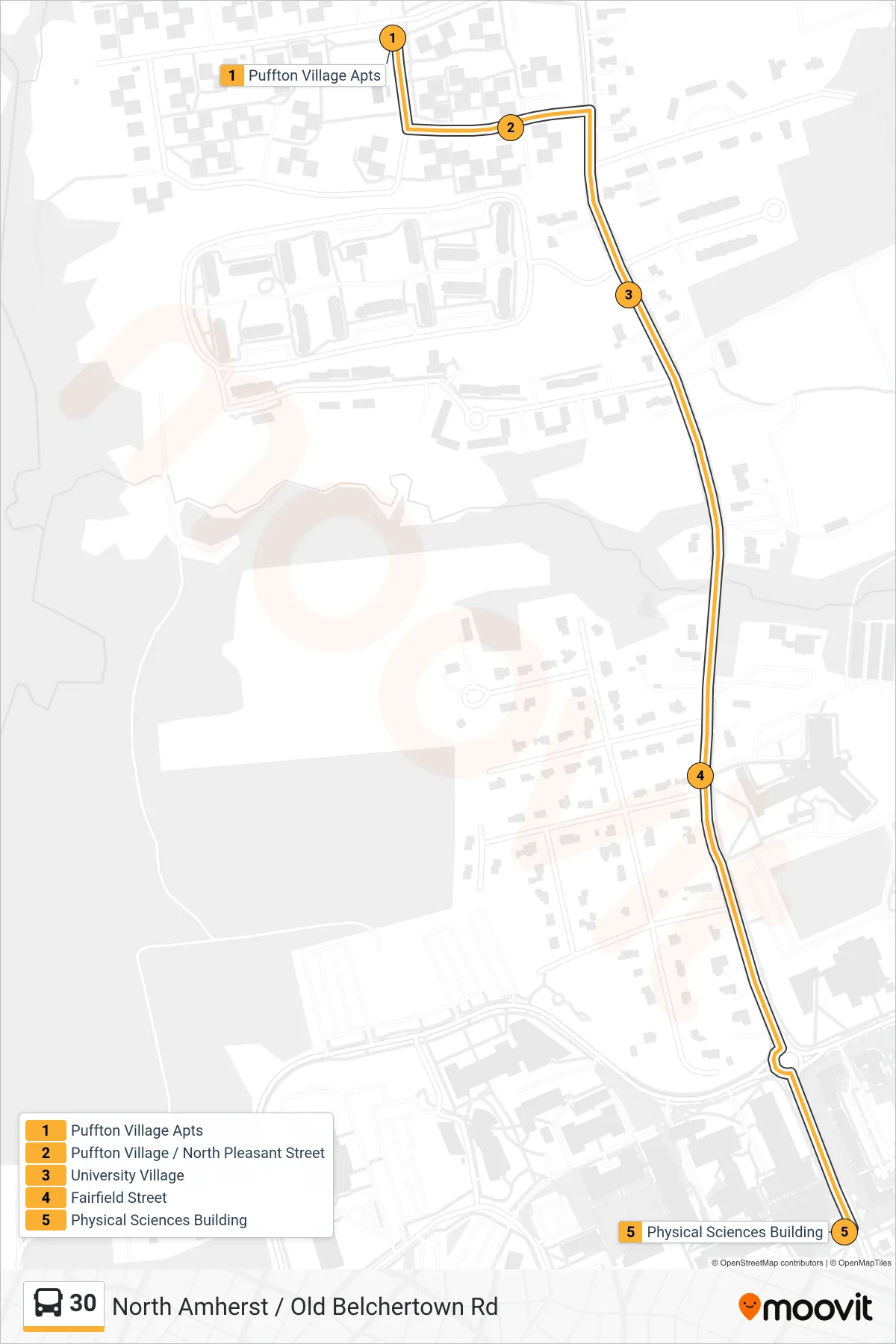 30 bus Line (Umass) route and stops on a map