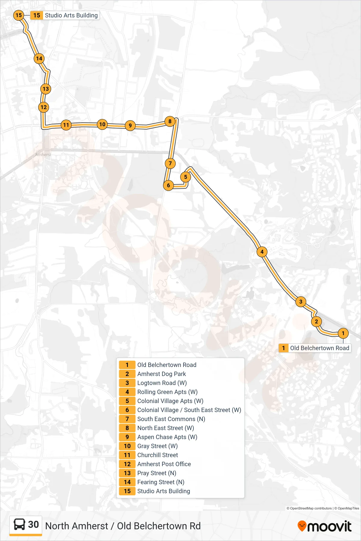 30 bus Line (Umass) route and stops on a map